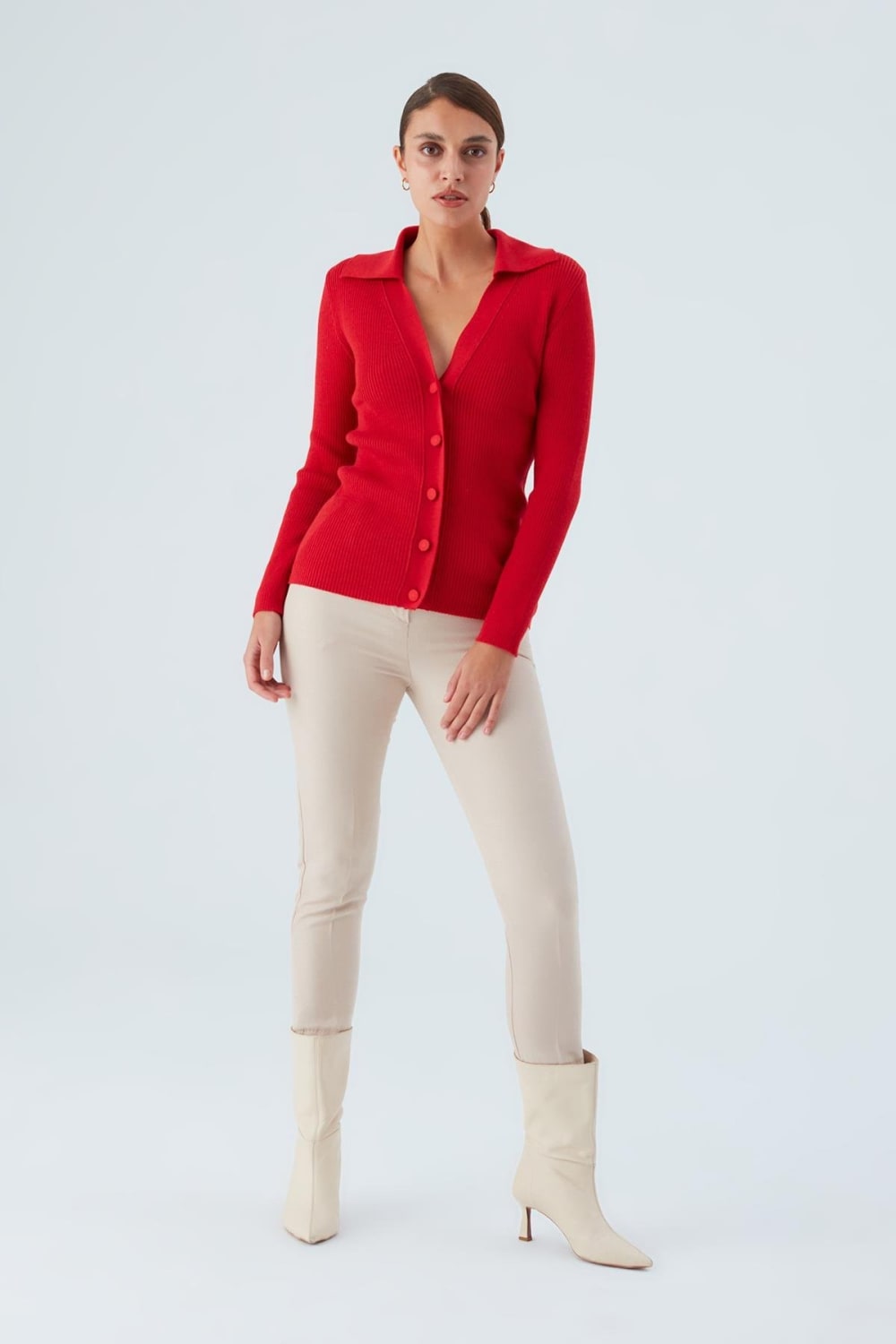 Peraluna-Polo V Yaka Ribana Örgü Fit Kesim Kadın Triko Hırka -Kazak & Triko-39-Milagron.com