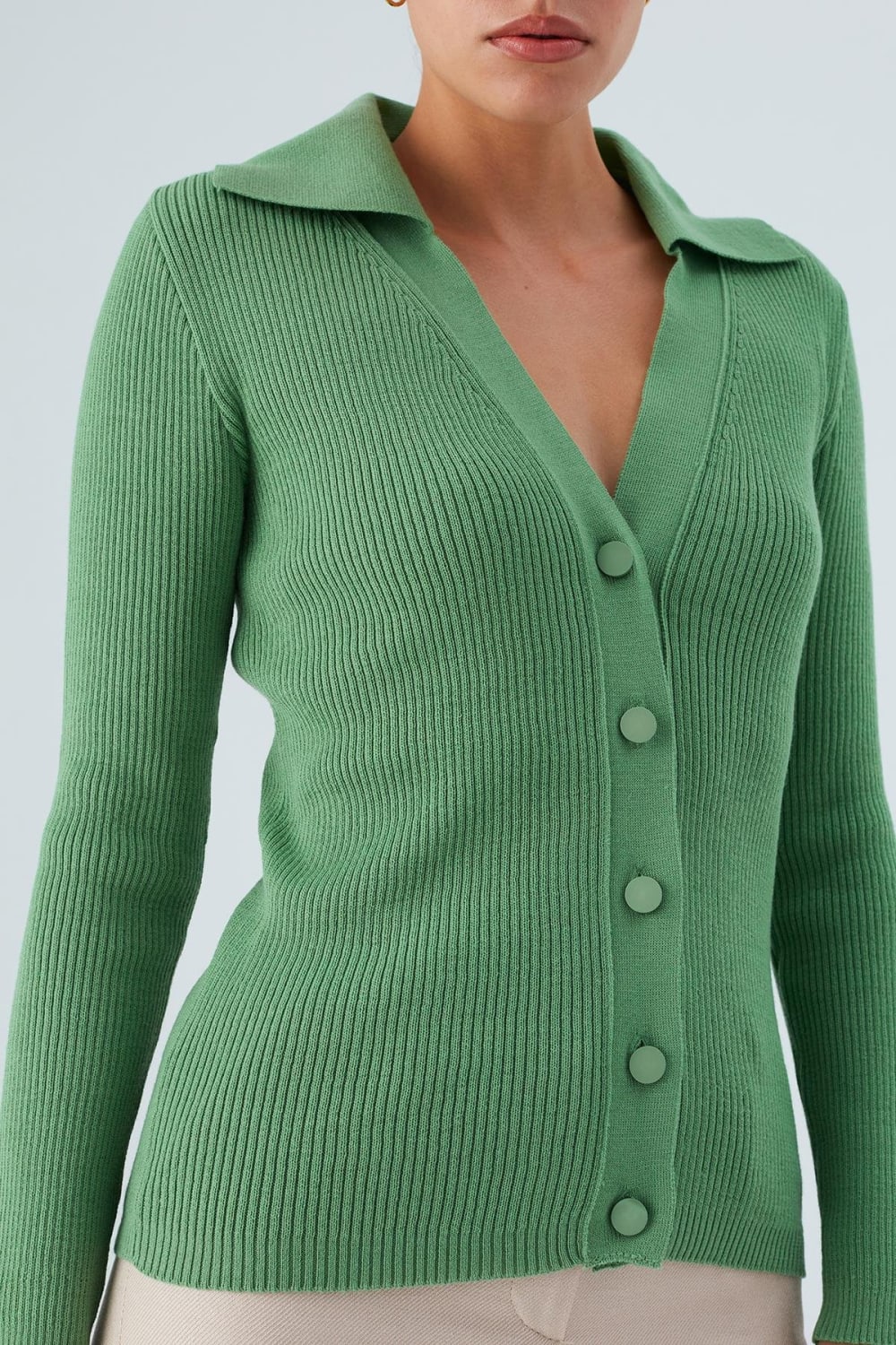 Peraluna-Polo V Yaka Ribana Örgü Fit Kesim Kadın Triko Hırka -Kazak & Triko-4-Milagron.com