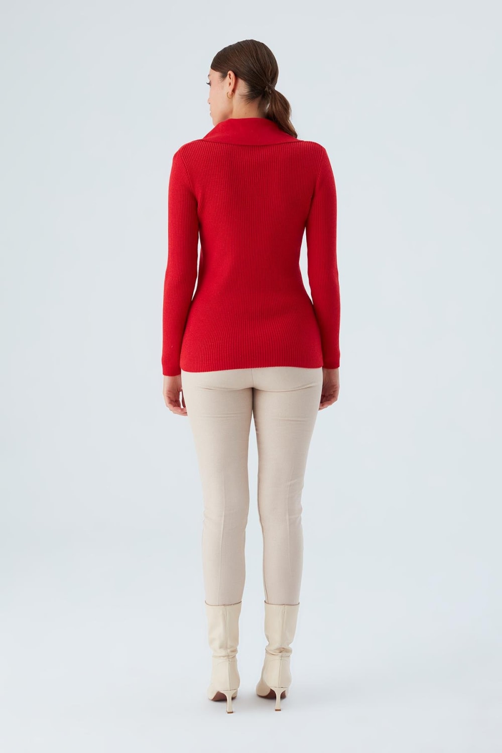 Peraluna-Polo V Yaka Ribana Örgü Fit Kesim Kadın Triko Hırka -Kazak & Triko-40-Milagron.com