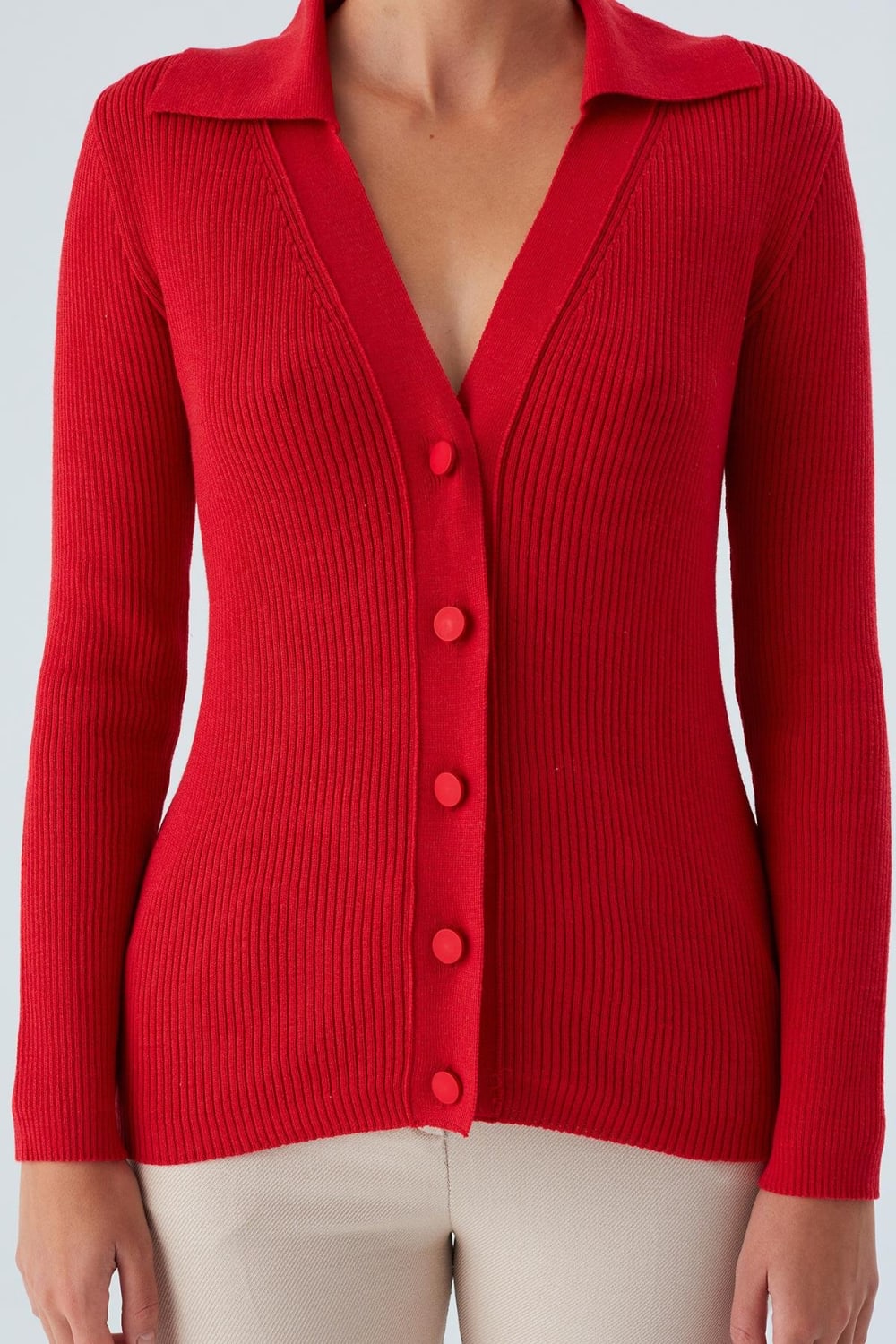 Peraluna-Polo V Yaka Ribana Örgü Fit Kesim Kadın Triko Hırka -Kazak & Triko-43-Milagron.com