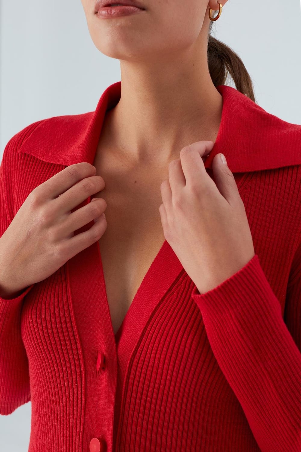 Peraluna-Polo V Yaka Ribana Örgü Fit Kesim Kadın Triko Hırka -Kazak & Triko-44-Milagron.com