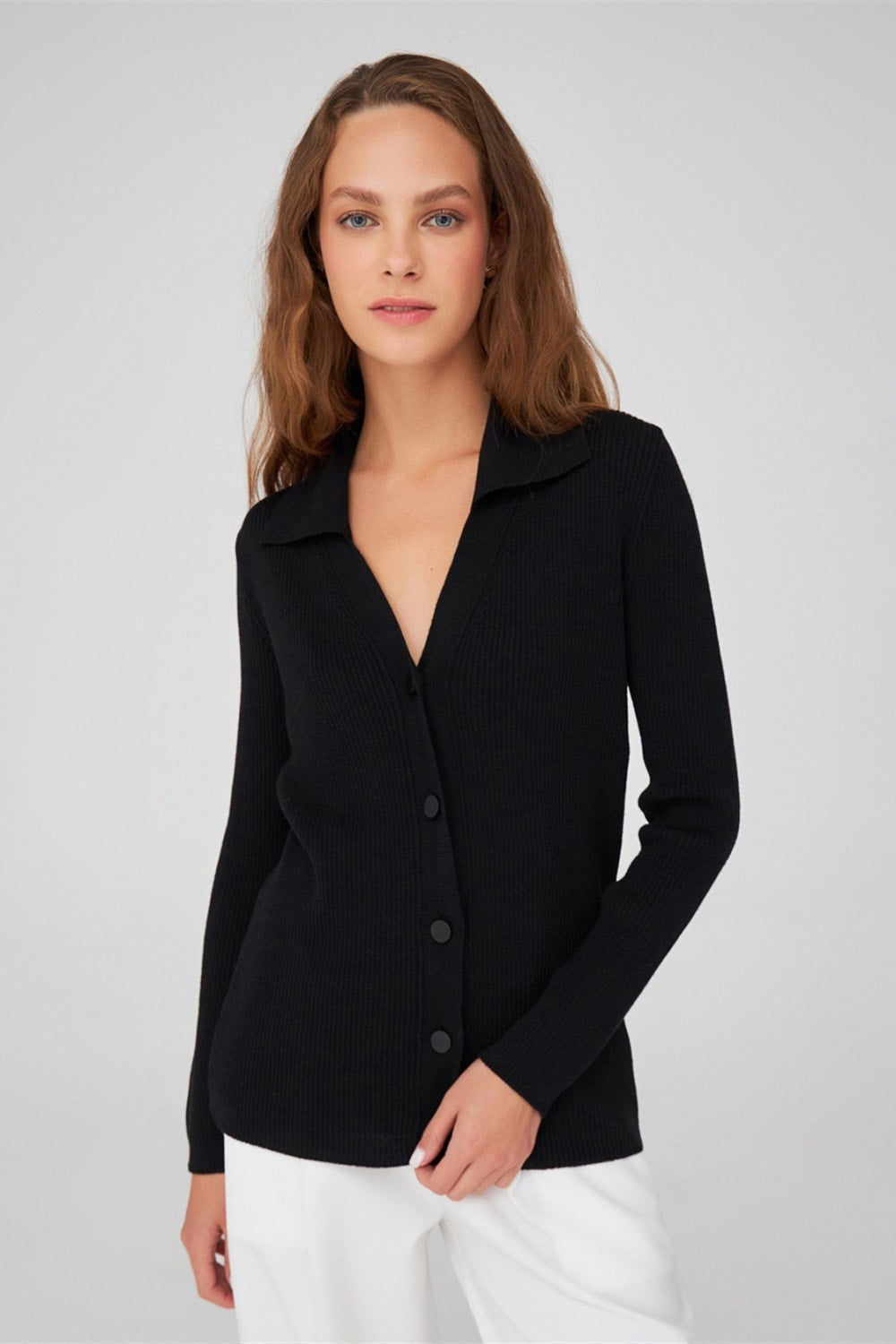 Peraluna-Polo V Yaka Ribana Örgü Fit Kesim Kadın Triko Hırka -Kazak & Triko-45-Milagron.com