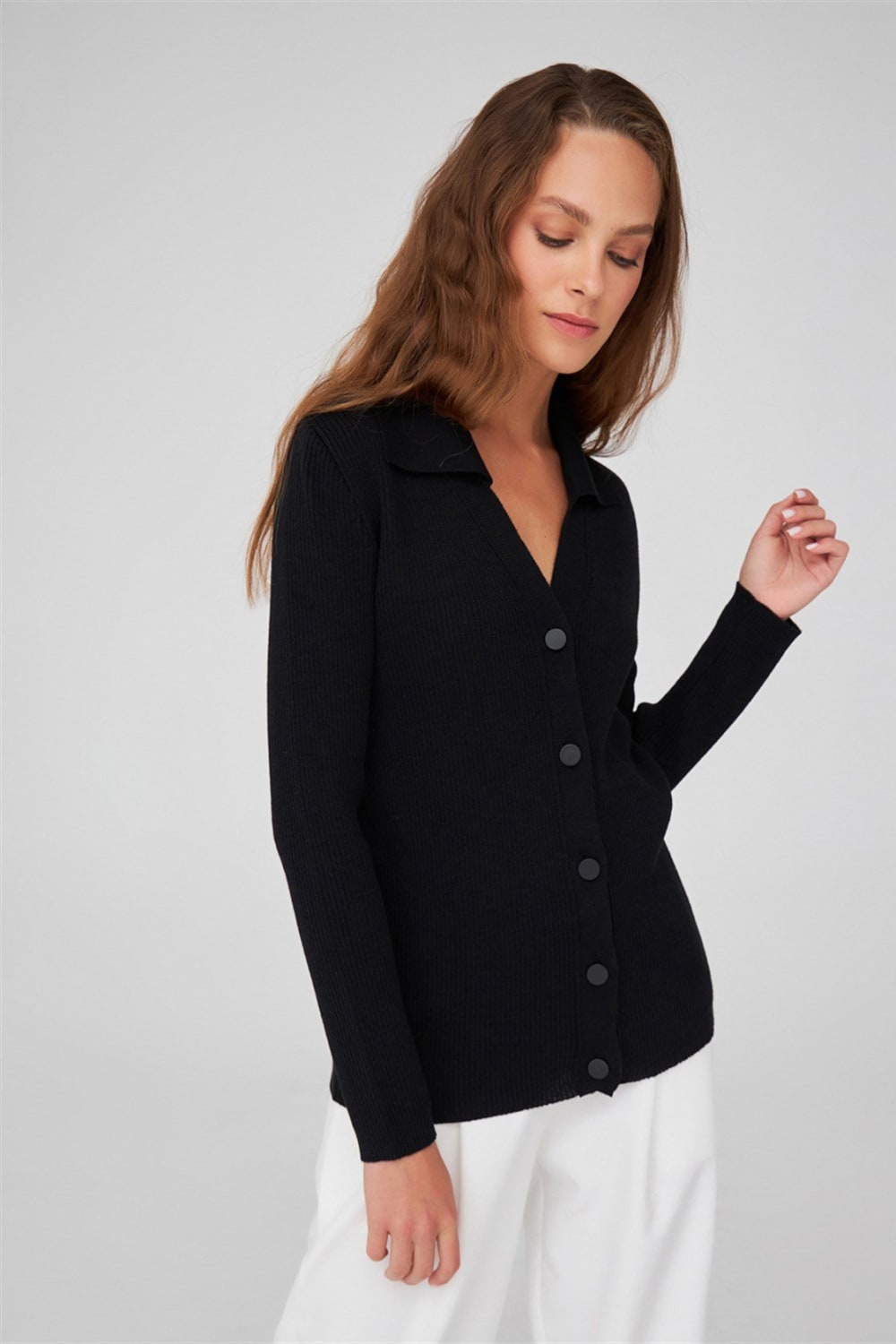 Peraluna-Polo V Yaka Ribana Örgü Fit Kesim Kadın Triko Hırka -Kazak & Triko-46-Milagron.com