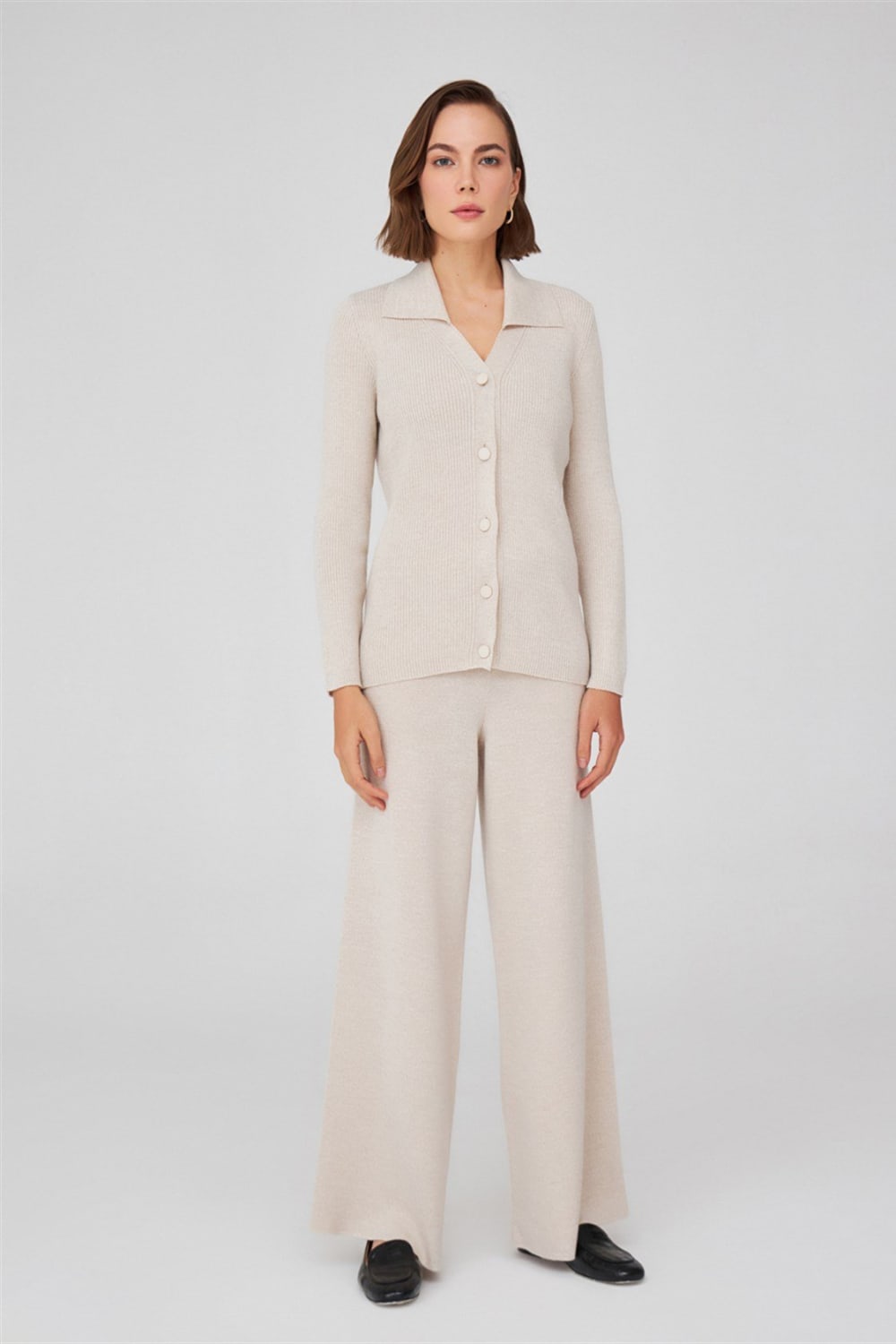 Peraluna-Polo V Yaka Ribana Örgü Fit Kesim Kadın Triko Hırka -Kazak & Triko-47-Milagron.com