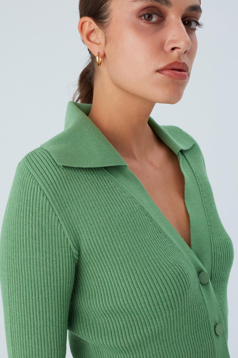 Peraluna-Polo V Yaka Ribana Örgü Fit Kesim Kadın Triko Hırka -Kazak & Triko-5-Milagron.com