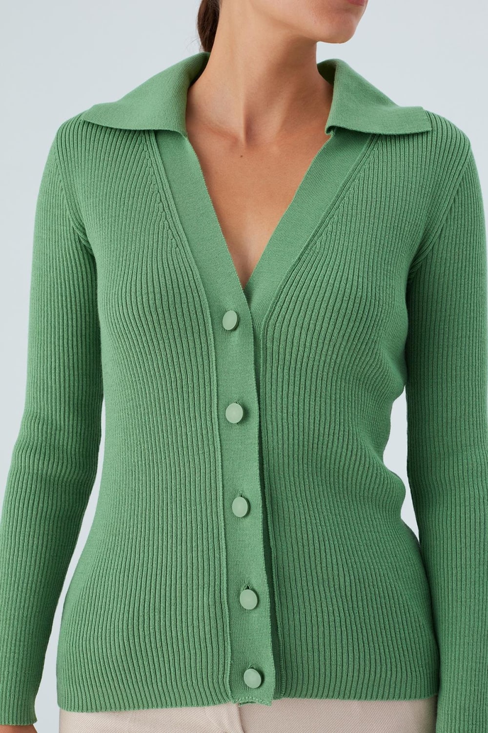 Peraluna-Polo V Yaka Ribana Örgü Fit Kesim Kadın Triko Hırka -Kazak & Triko-8-Milagron.com