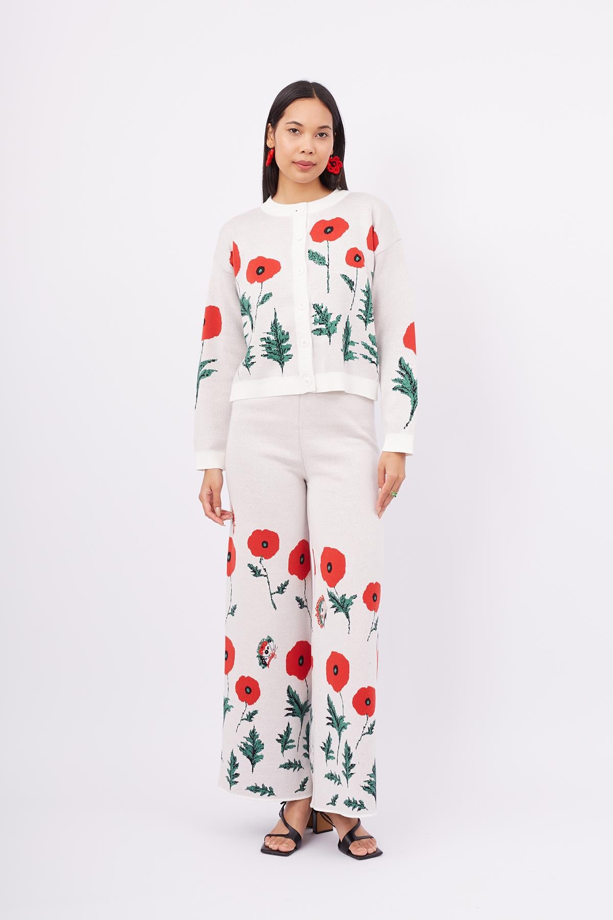 Peraluna-Poppy Cardigan Gelincik Desen Bisiklet Yaka Rahat Kesim Kadın Triko Hırka Ekru-Kazak & Triko-1-Milagron.com