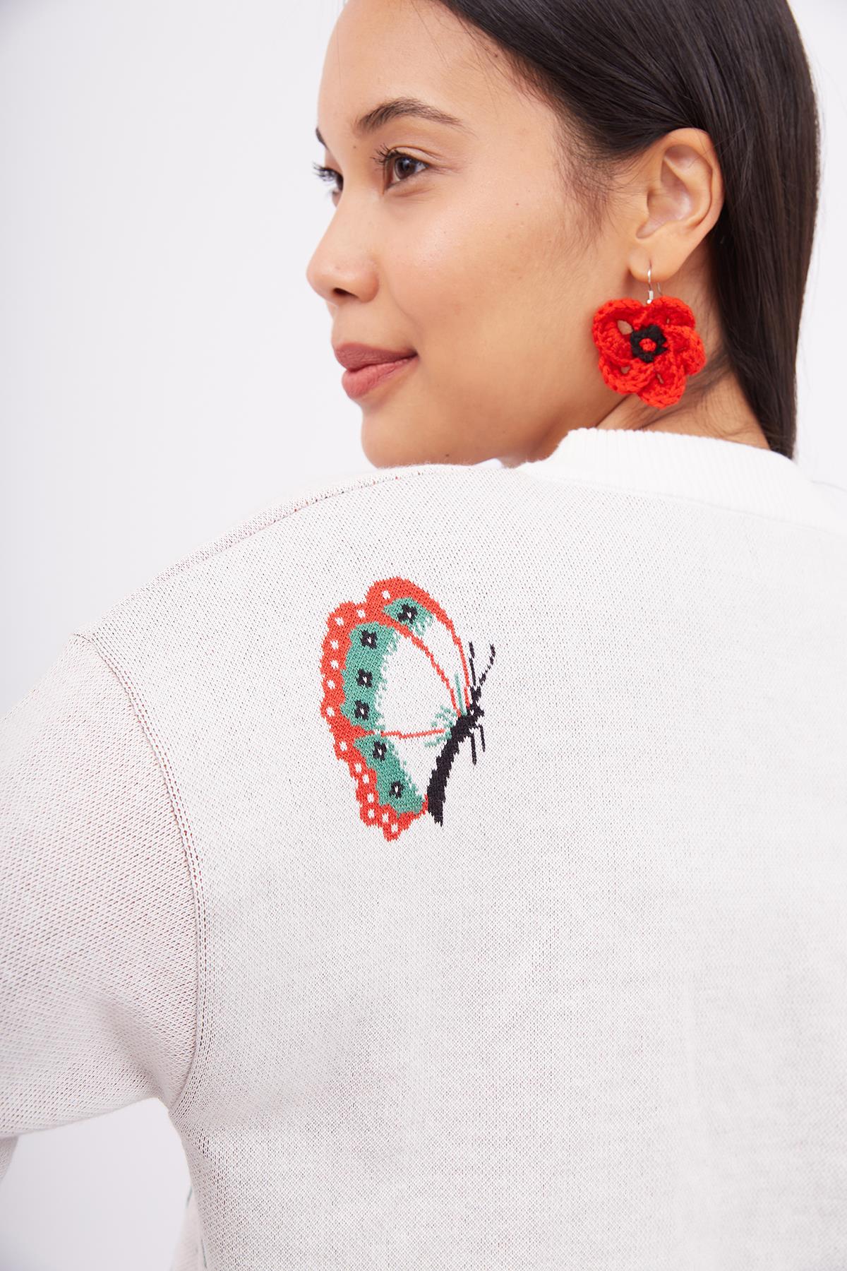 Peraluna-Poppy Cardigan Gelincik Desen Bisiklet Yaka Rahat Kesim Kadın Triko Hırka Ekru-Kazak & Triko-4-Milagron.com