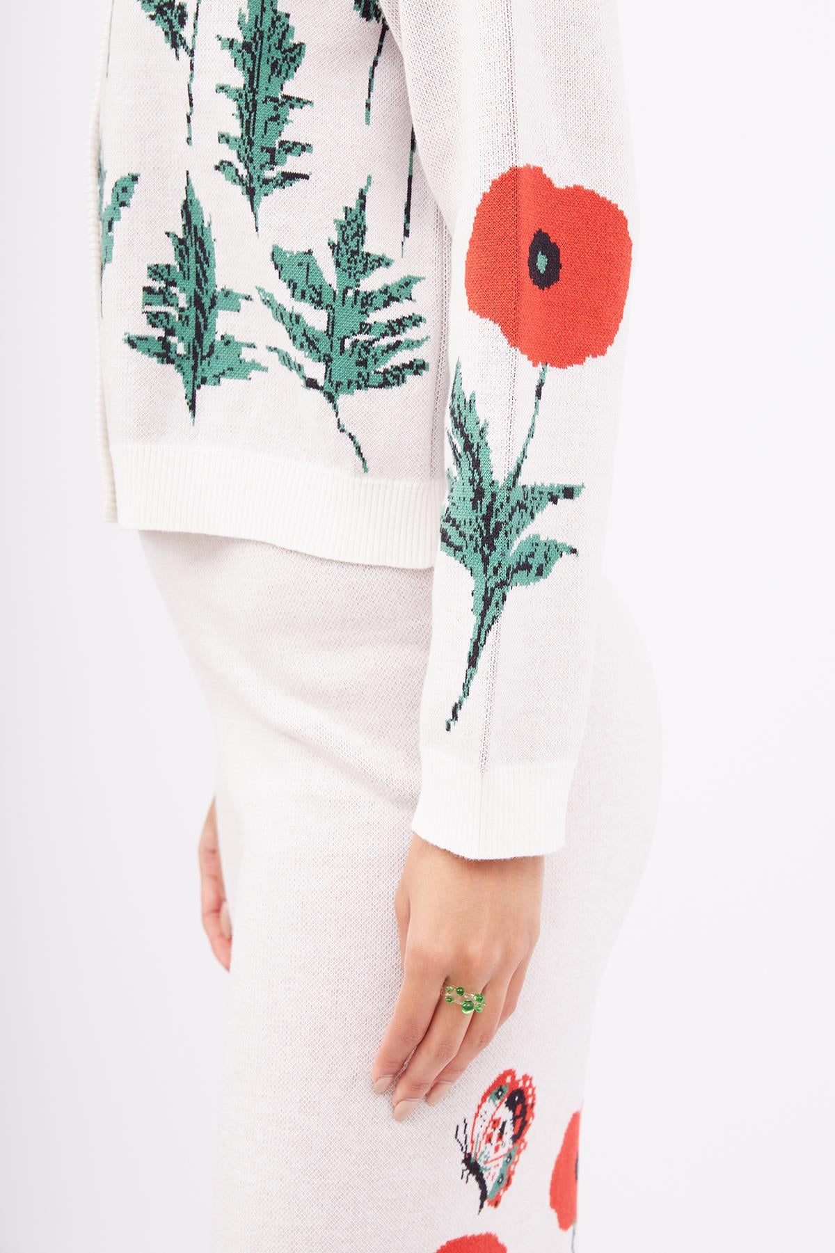 Peraluna-Poppy Cardigan Gelincik Desen Bisiklet Yaka Rahat Kesim Kadın Triko Hırka Ekru-Kazak & Triko-5-Milagron.com