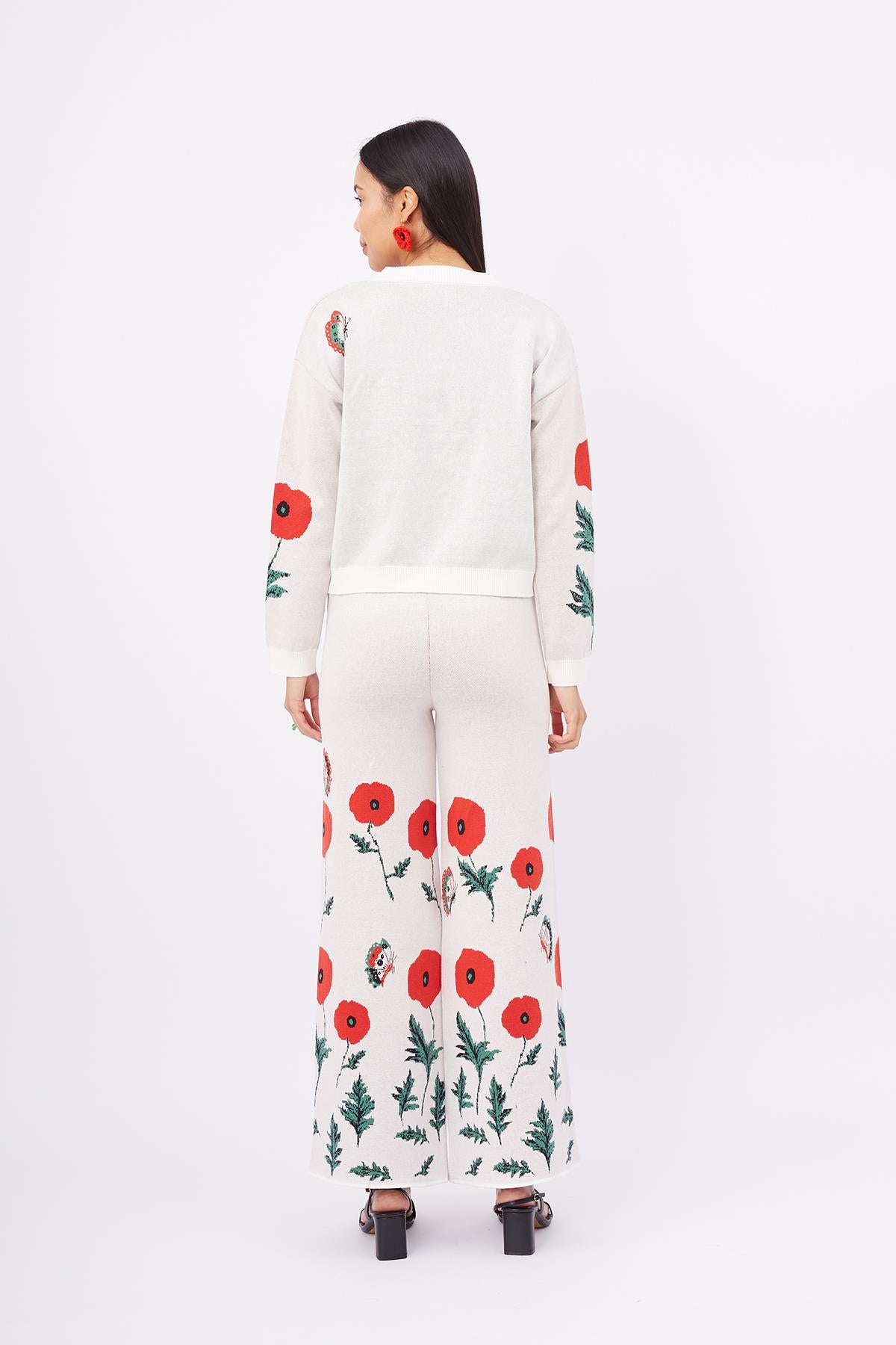 Peraluna-Poppy Cardigan Gelincik Desen Bisiklet Yaka Rahat Kesim Kadın Triko Hırka Ekru-Kazak & Triko-8-Milagron.com