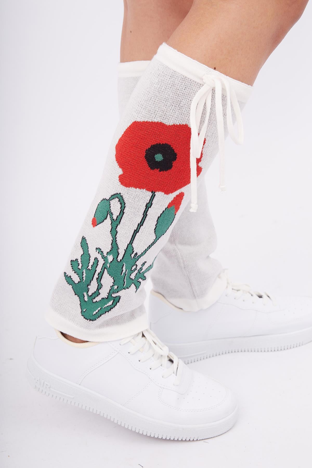 Peraluna Poppy Leggings Gelincik Desenli Triko Tozluk - Ekru