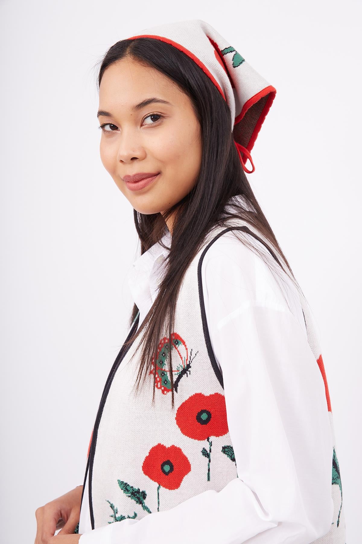 Peraluna Poppy Scarf Gelincik Desen Organik Pamuk Triko Bandana - Ekru