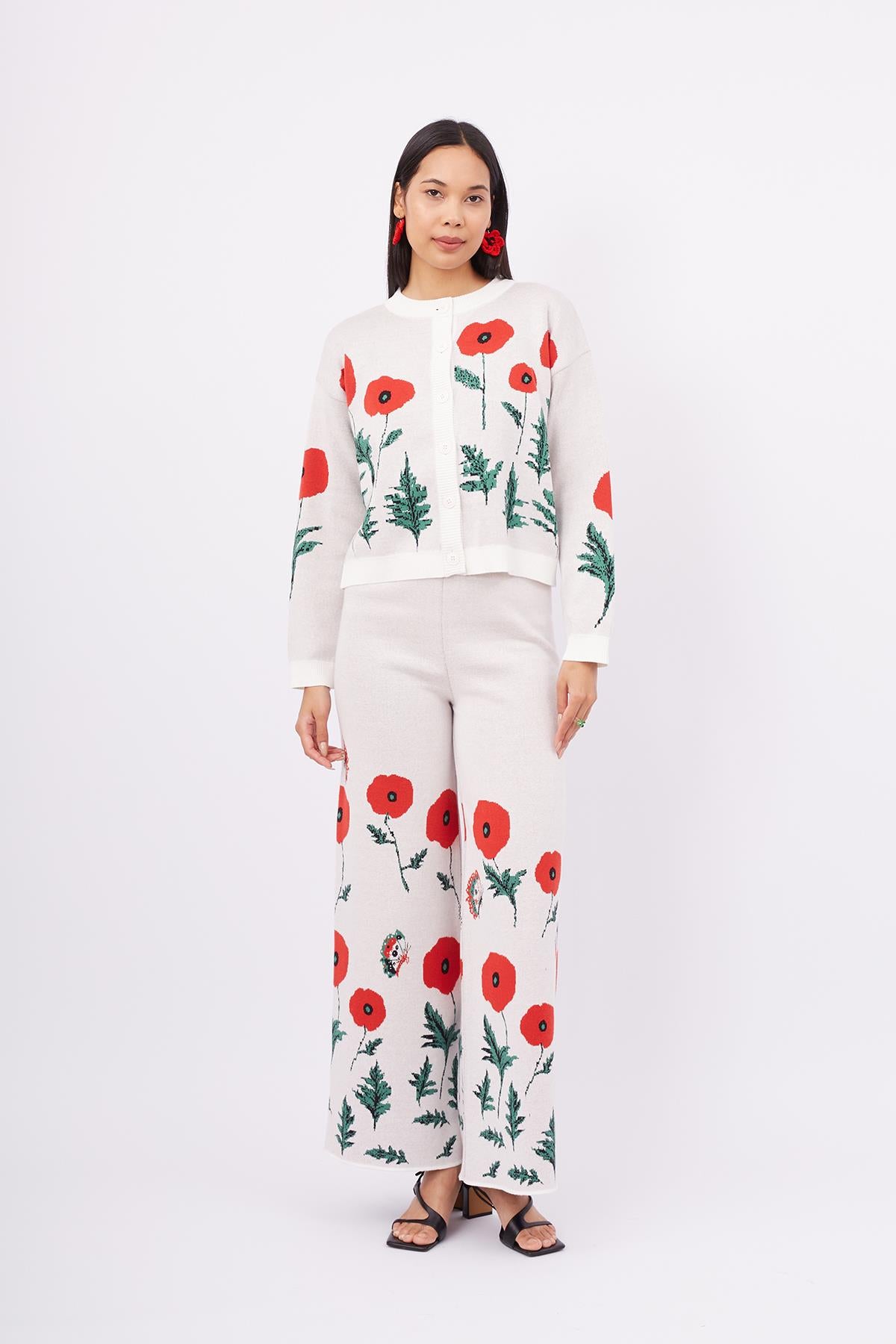 Peraluna-Poppy Trouser Gelincik Desen Yüksek Bel Rahat Kesim Beli Lastikli Kadın Triko Pantolon Ekru-Pantolon-1-Milagron.com