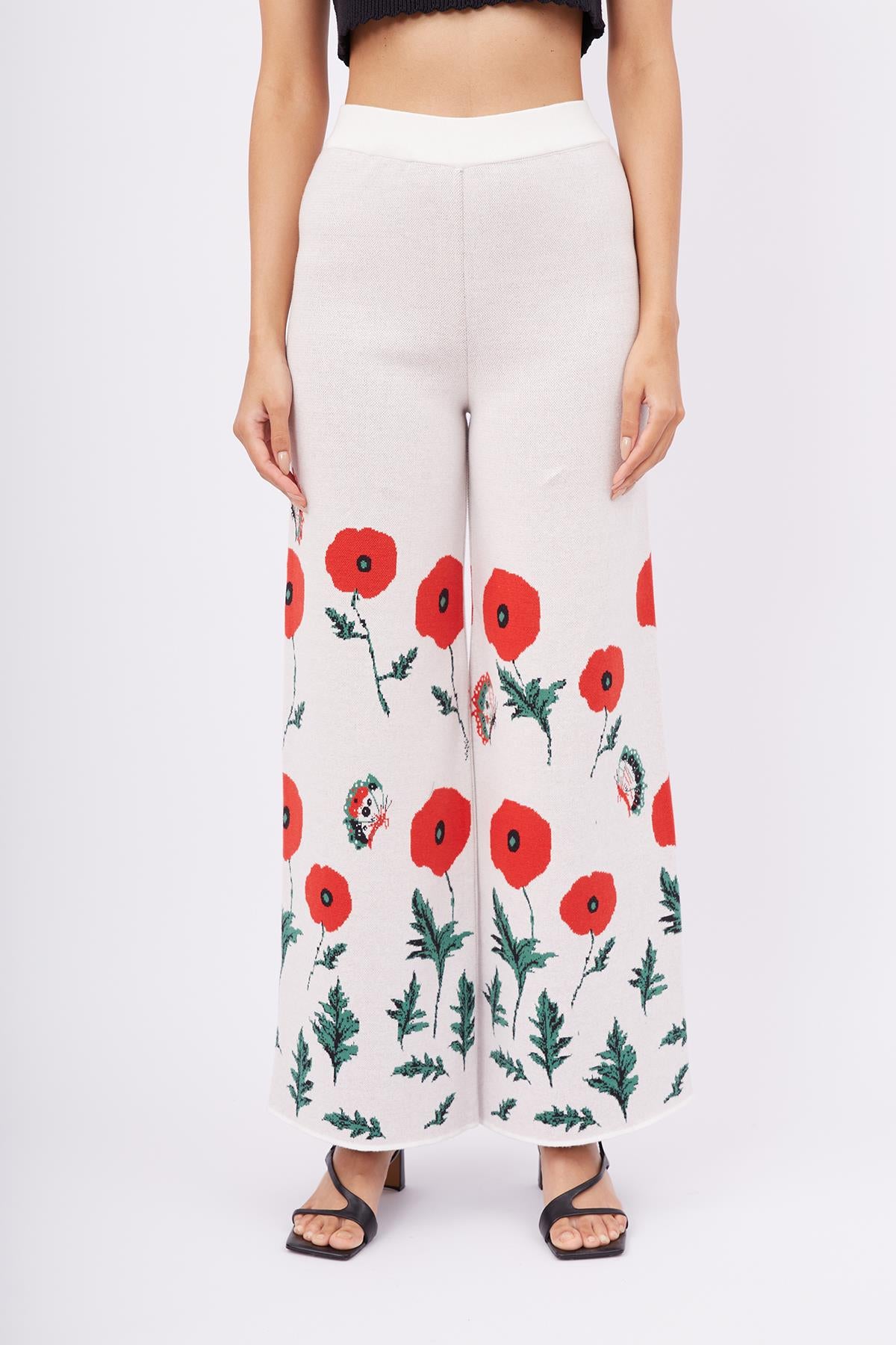 Peraluna-Poppy Trouser Gelincik Desen Yüksek Bel Rahat Kesim Beli Lastikli Kadın Triko Pantolon Ekru-Pantolon-2-Milagron.com
