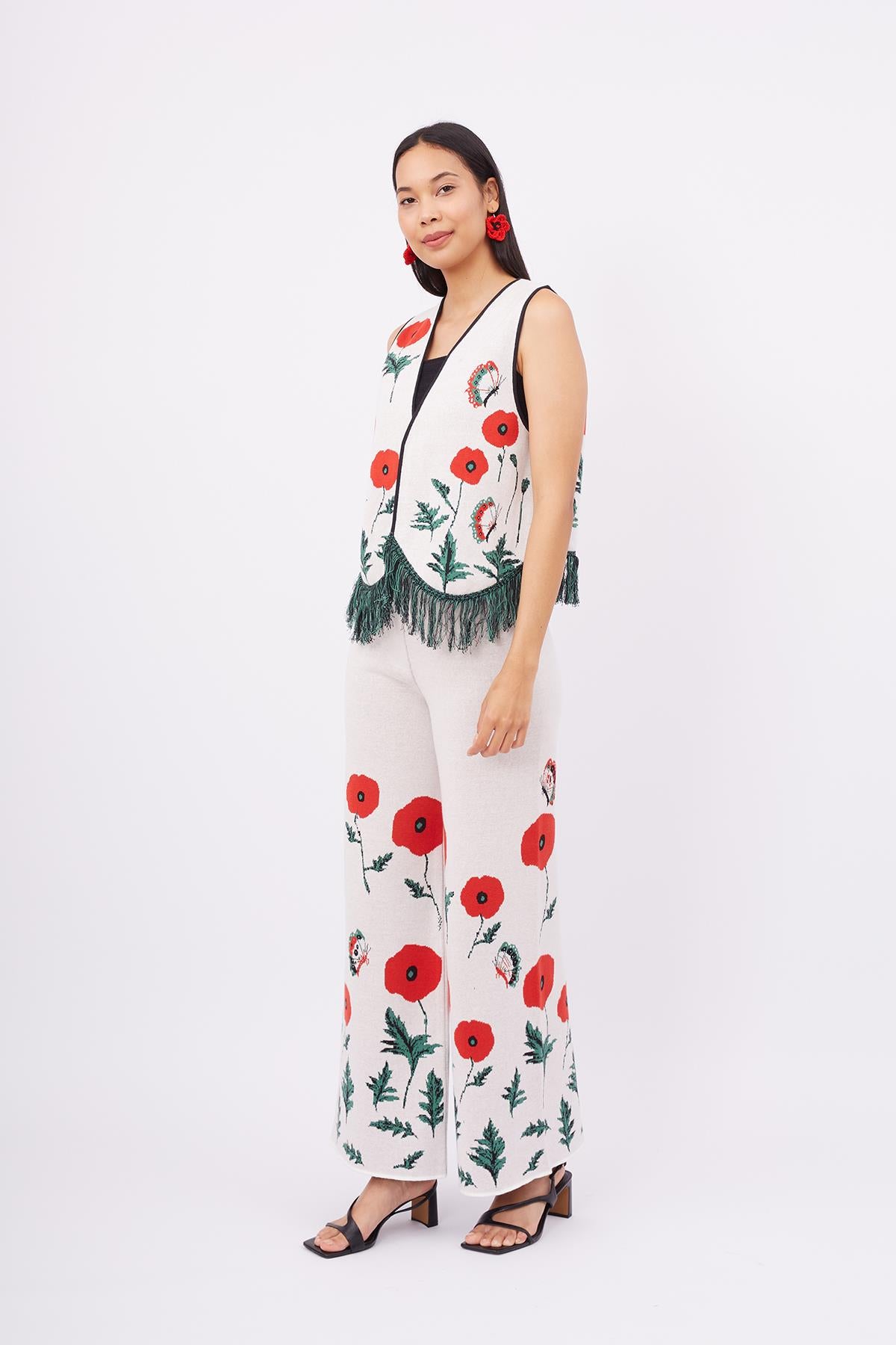 Peraluna-Poppy Trouser Gelincik Desen Yüksek Bel Rahat Kesim Beli Lastikli Kadın Triko Pantolon Ekru-Pantolon-5-Milagron.com