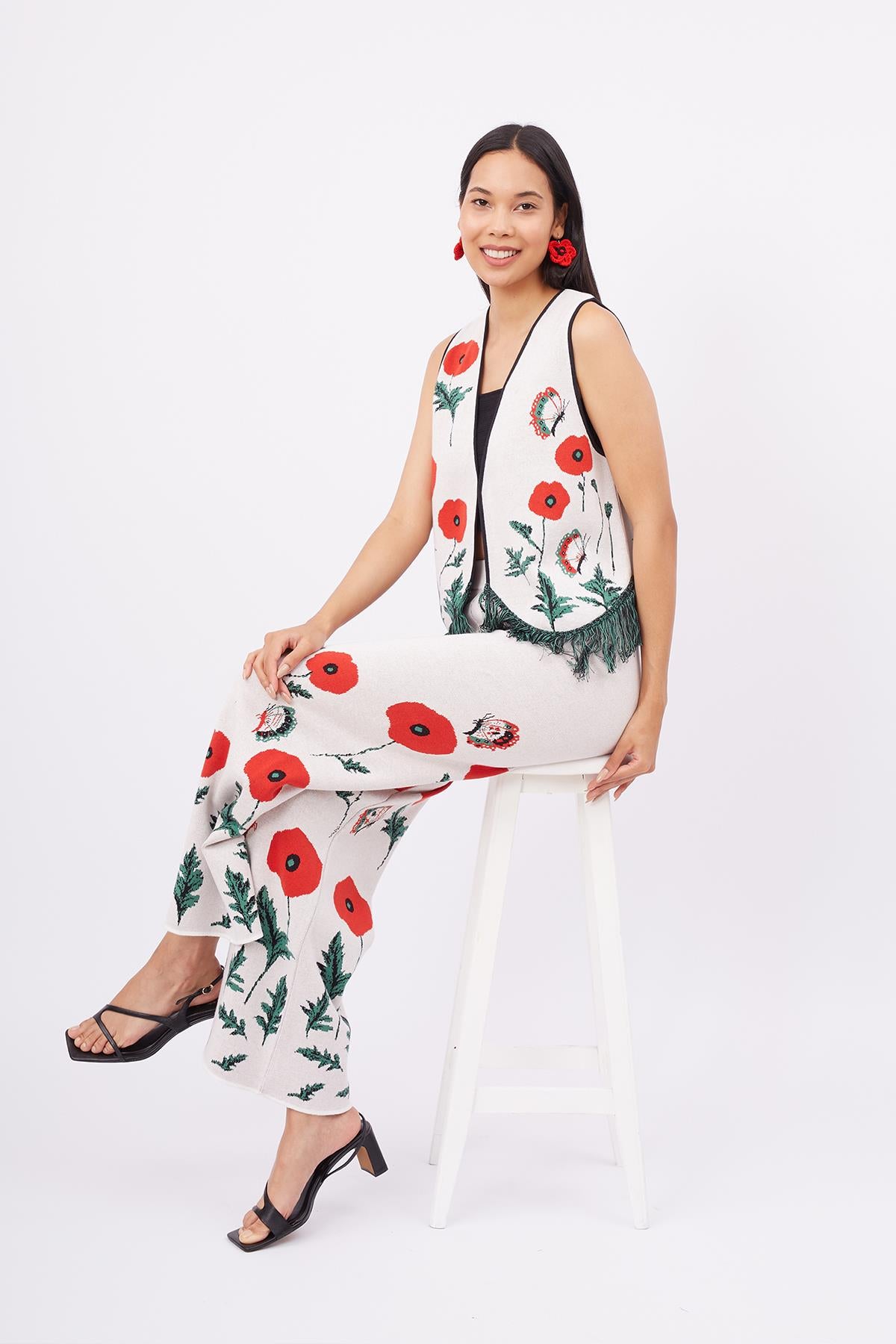 Peraluna-Poppy Trouser Gelincik Desen Yüksek Bel Rahat Kesim Beli Lastikli Kadın Triko Pantolon Ekru-Pantolon-6-Milagron.com