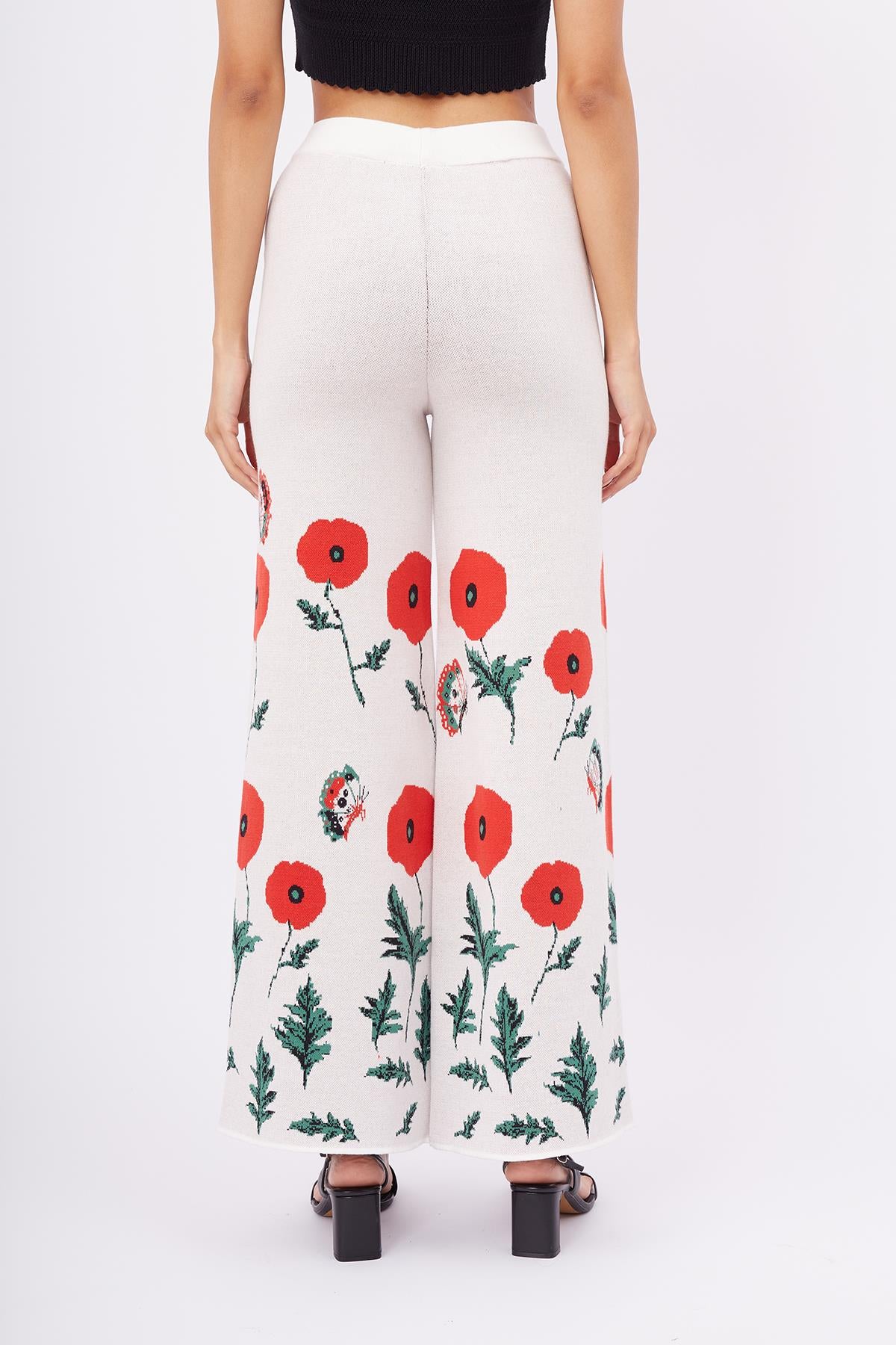 Peraluna-Poppy Trouser Gelincik Desen Yüksek Bel Rahat Kesim Beli Lastikli Kadın Triko Pantolon Ekru-Pantolon-8-Milagron.com