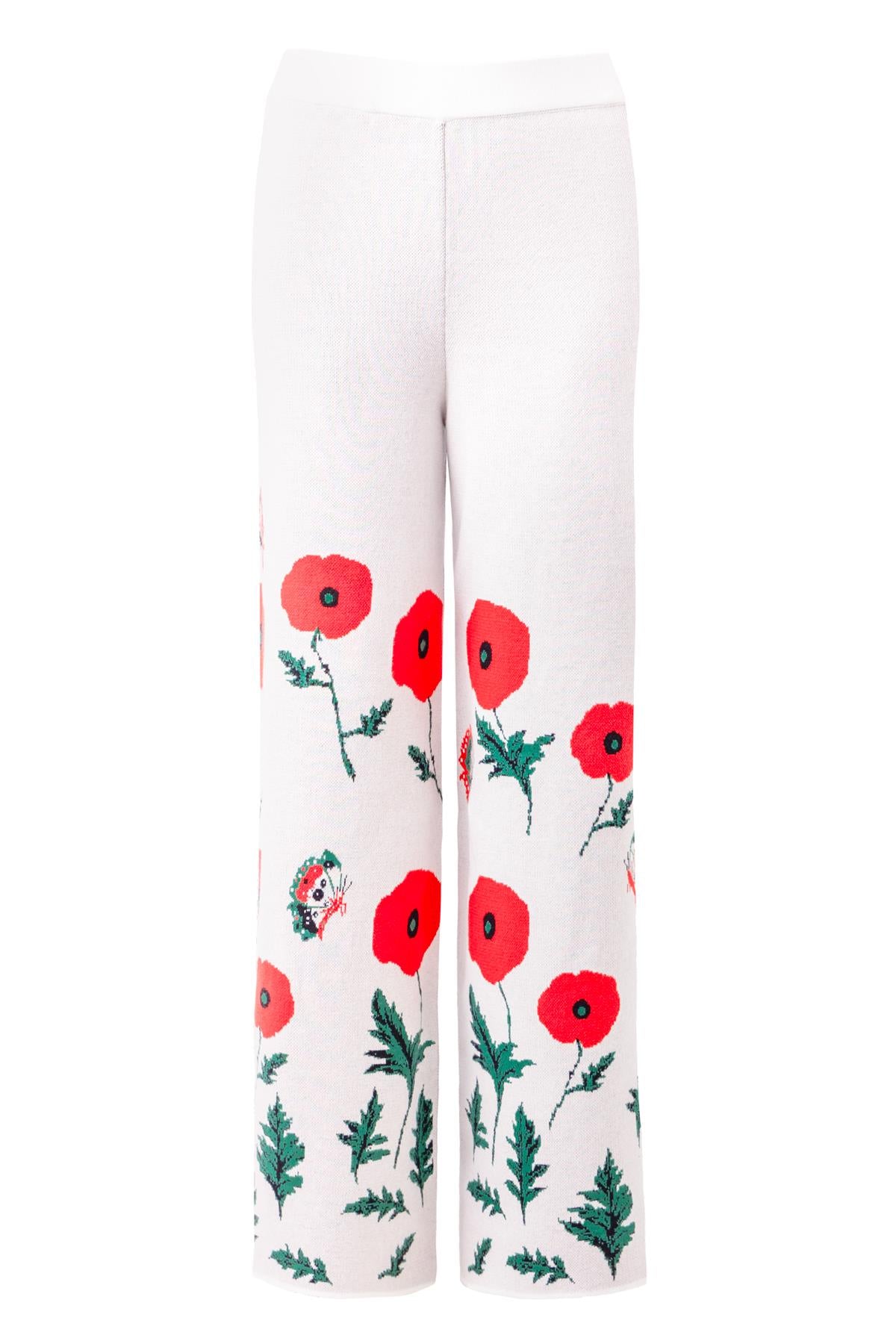 Peraluna-Poppy Trouser Gelincik Desen Yüksek Bel Rahat Kesim Beli Lastikli Kadın Triko Pantolon Ekru-Pantolon-9-Milagron.com
