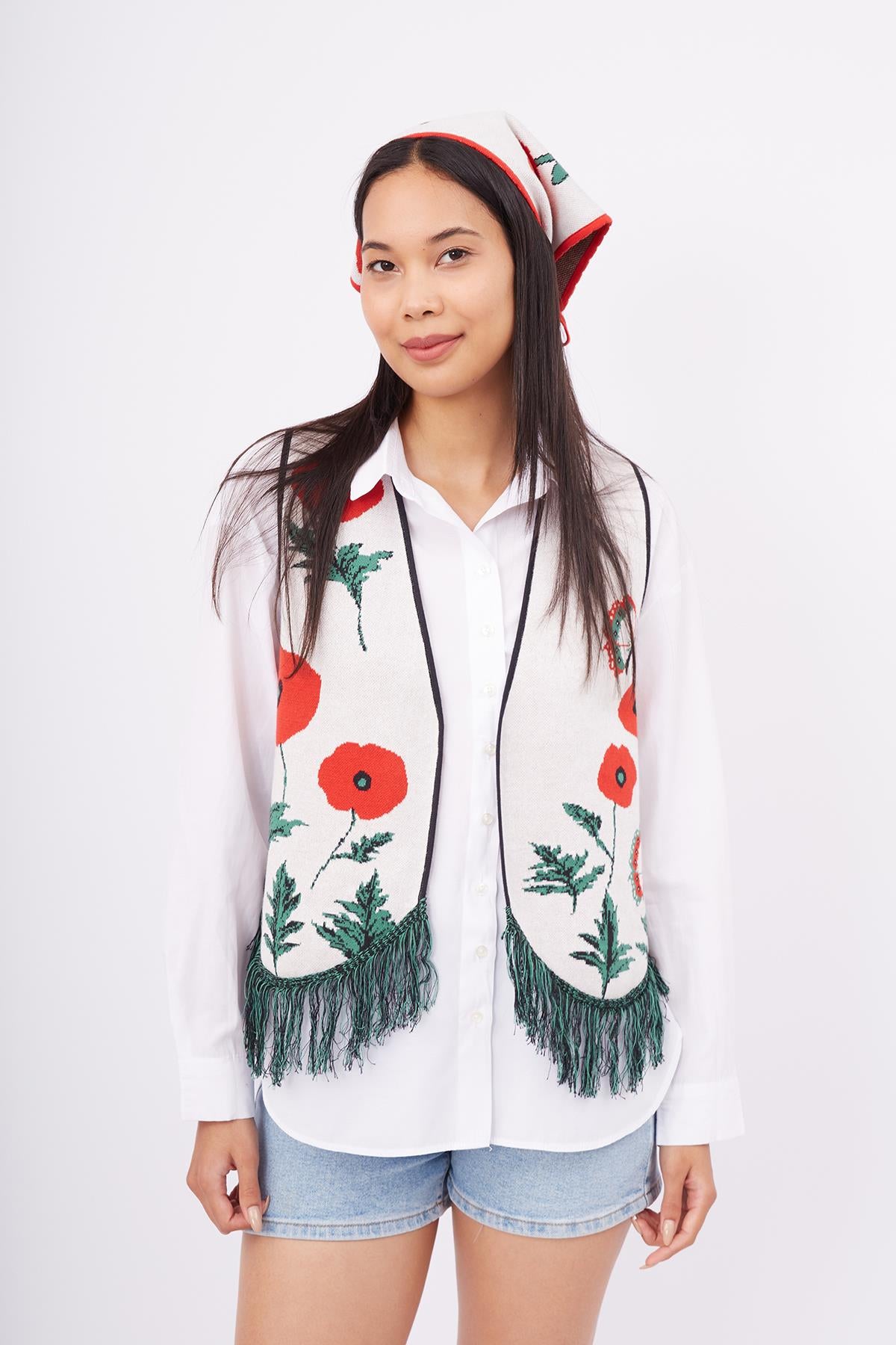 Peraluna-Poppy Waistcoat Gelincik Desen V Yaka Eteği Püskül Detaylı Rahat Kesim Kadın Triko Yelek Ekru Multi-Yelek-5-Milagron.com