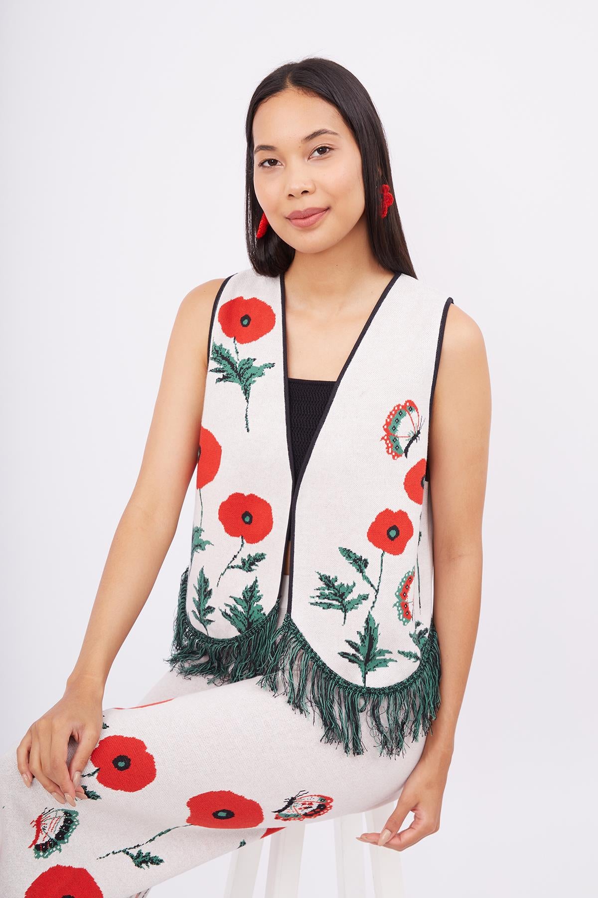 Peraluna-Poppy Waistcoat Gelincik Desen V Yaka Eteği Püskül Detaylı Rahat Kesim Kadın Triko Yelek Ekru Multi-Yelek-6-Milagron.com