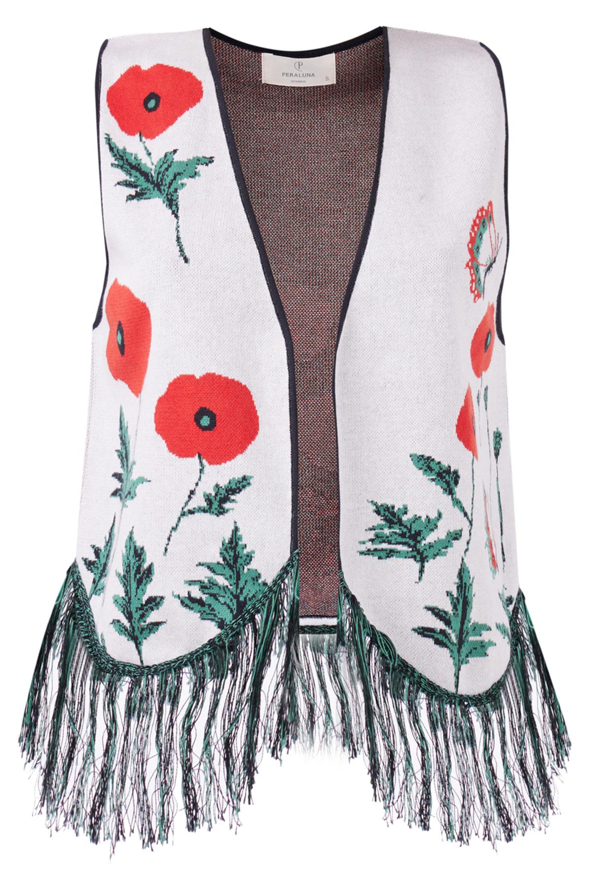 Peraluna-Poppy Waistcoat Gelincik Desen V Yaka Eteği Püskül Detaylı Rahat Kesim Kadın Triko Yelek Ekru Multi-Yelek-9-Milagron.com