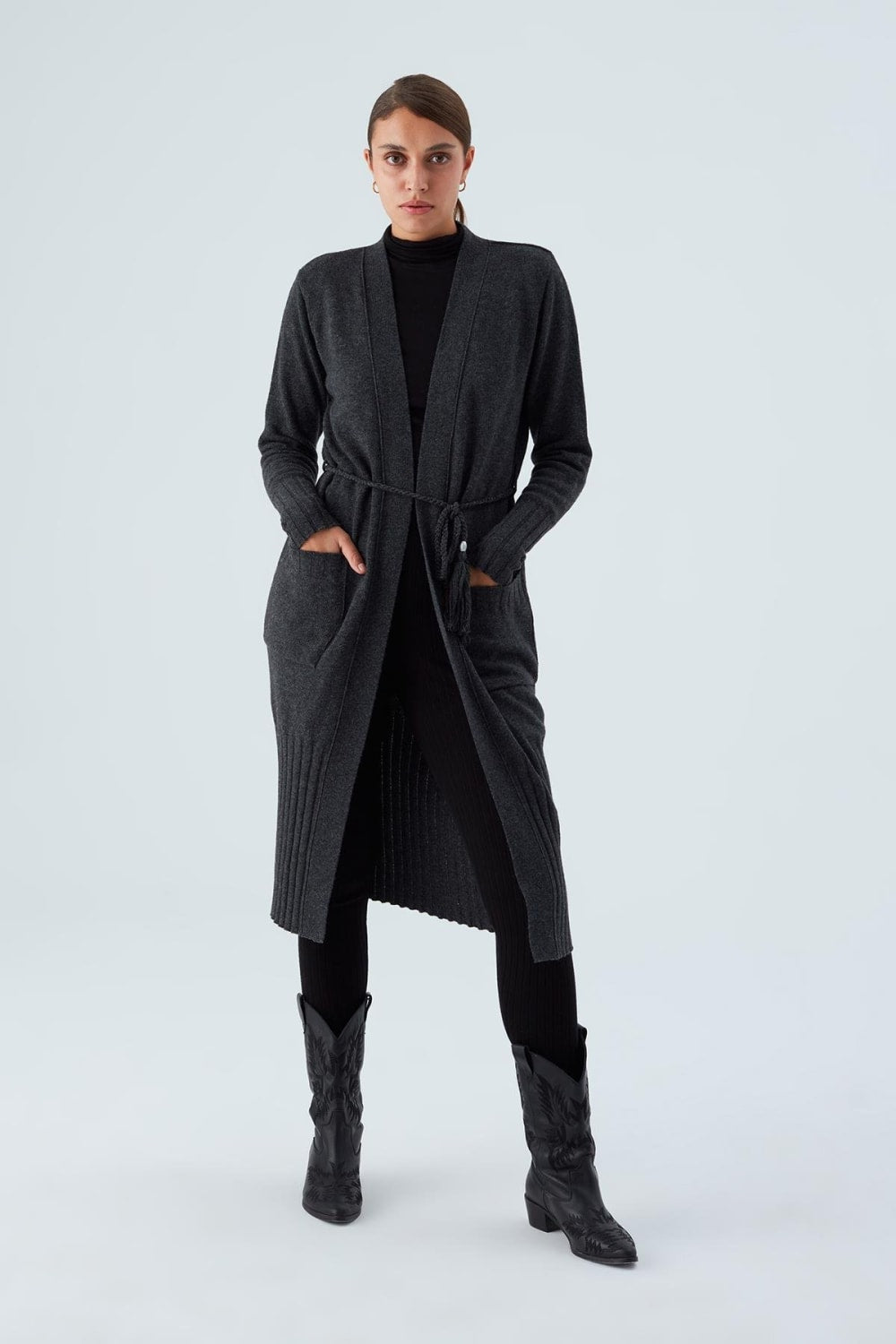 Peraluna-Rahat Kesim Cepli Kemerli Yün Karışımlı Uzun Kadın Triko Hırka-Kazak & Triko-1-Milagron.com