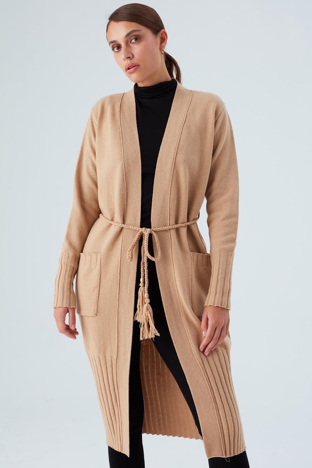 Peraluna-Rahat Kesim Cepli Kemerli Yün Karışımlı Uzun Kadın Triko Hırka-Kazak & Triko-10-Milagron.com