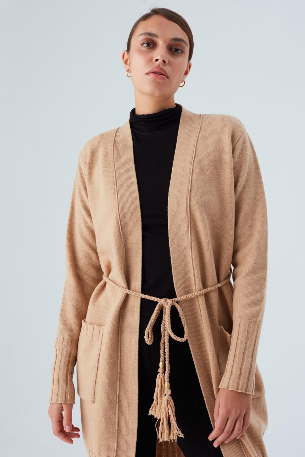 Peraluna-Rahat Kesim Cepli Kemerli Yün Karışımlı Uzun Kadın Triko Hırka-Kazak & Triko-12-Milagron.com