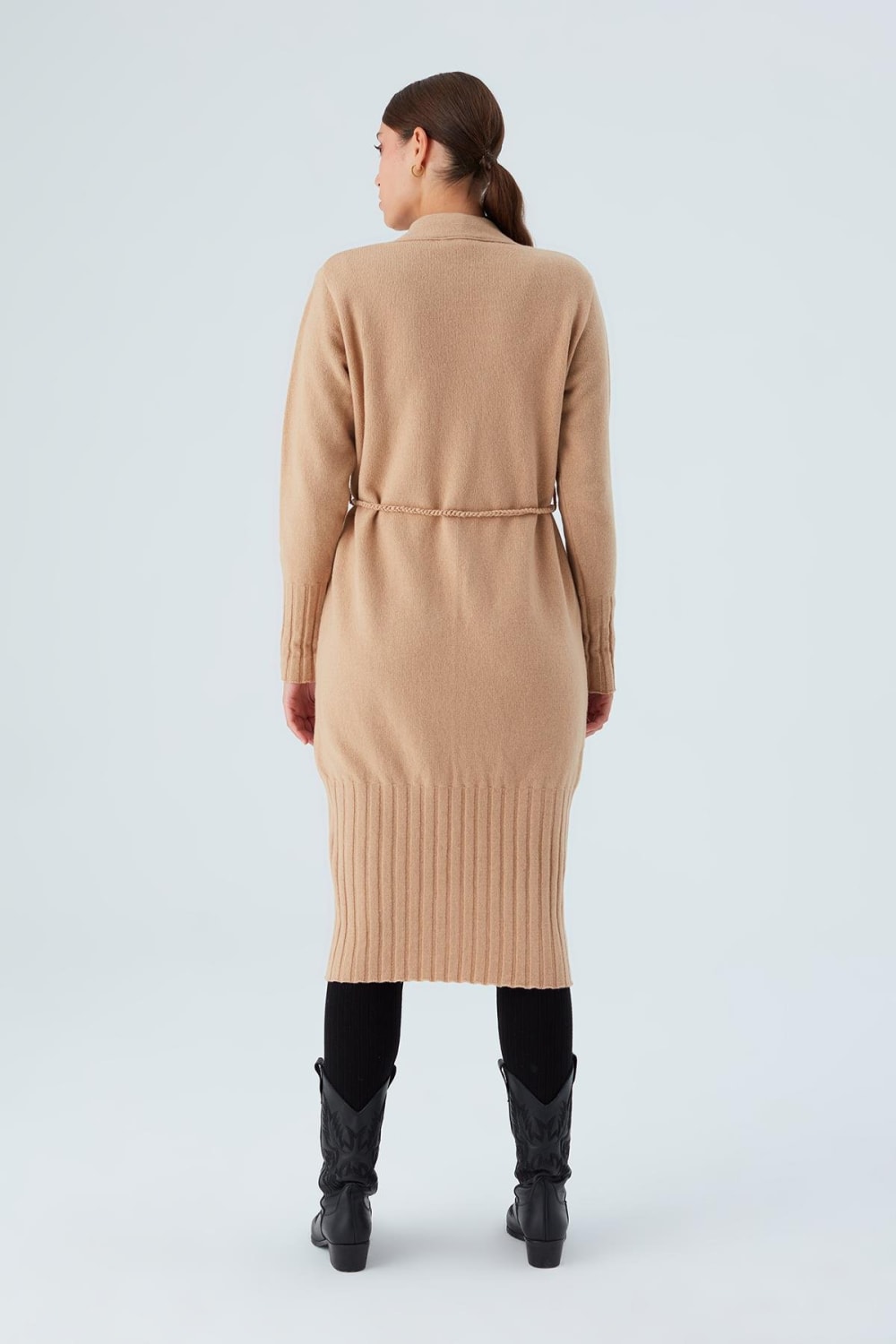 Peraluna-Rahat Kesim Cepli Kemerli Yün Karışımlı Uzun Kadın Triko Hırka-Kazak & Triko-13-Milagron.com