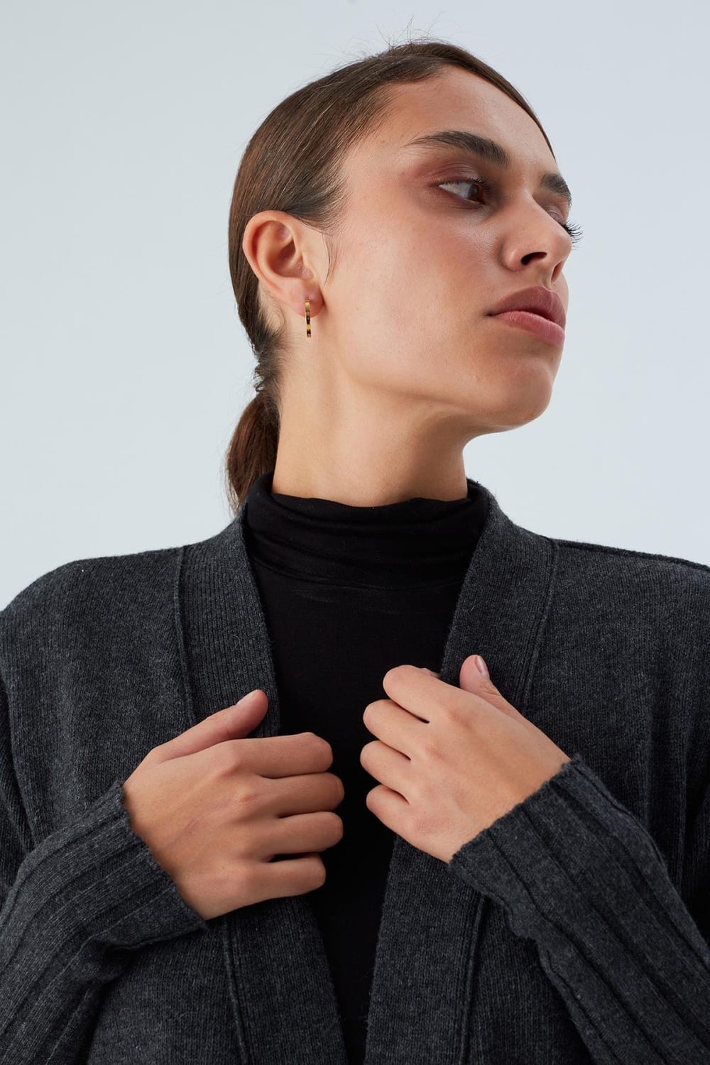 Peraluna-Rahat Kesim Cepli Kemerli Yün Karışımlı Uzun Kadın Triko Hırka-Kazak & Triko-4-Milagron.com