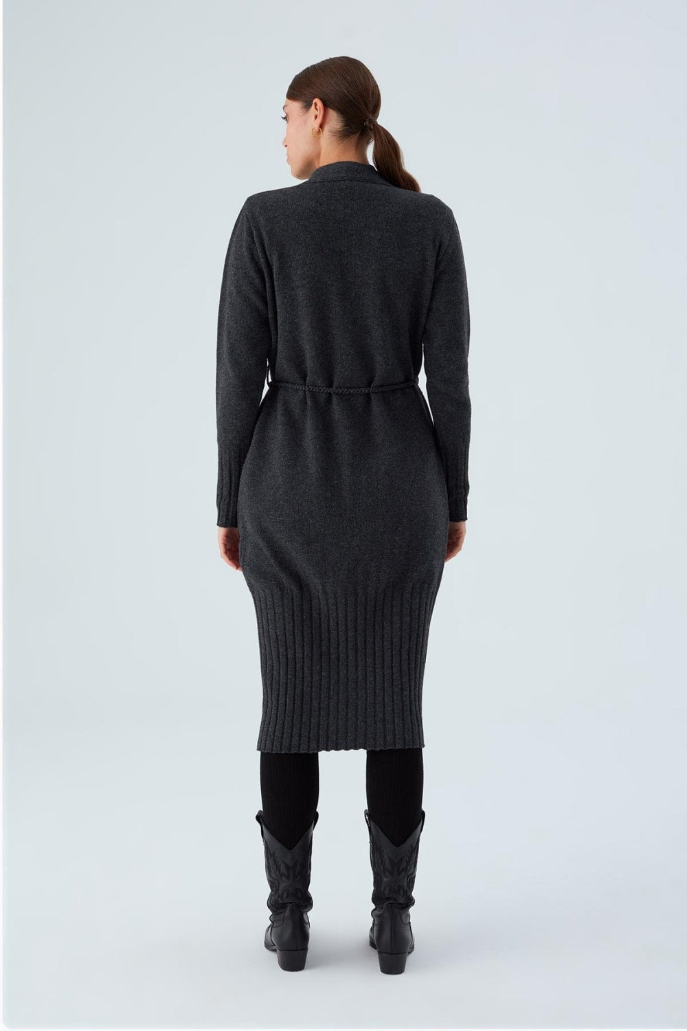 Peraluna-Rahat Kesim Cepli Kemerli Yün Karışımlı Uzun Kadın Triko Hırka-Kazak & Triko-5-Milagron.com