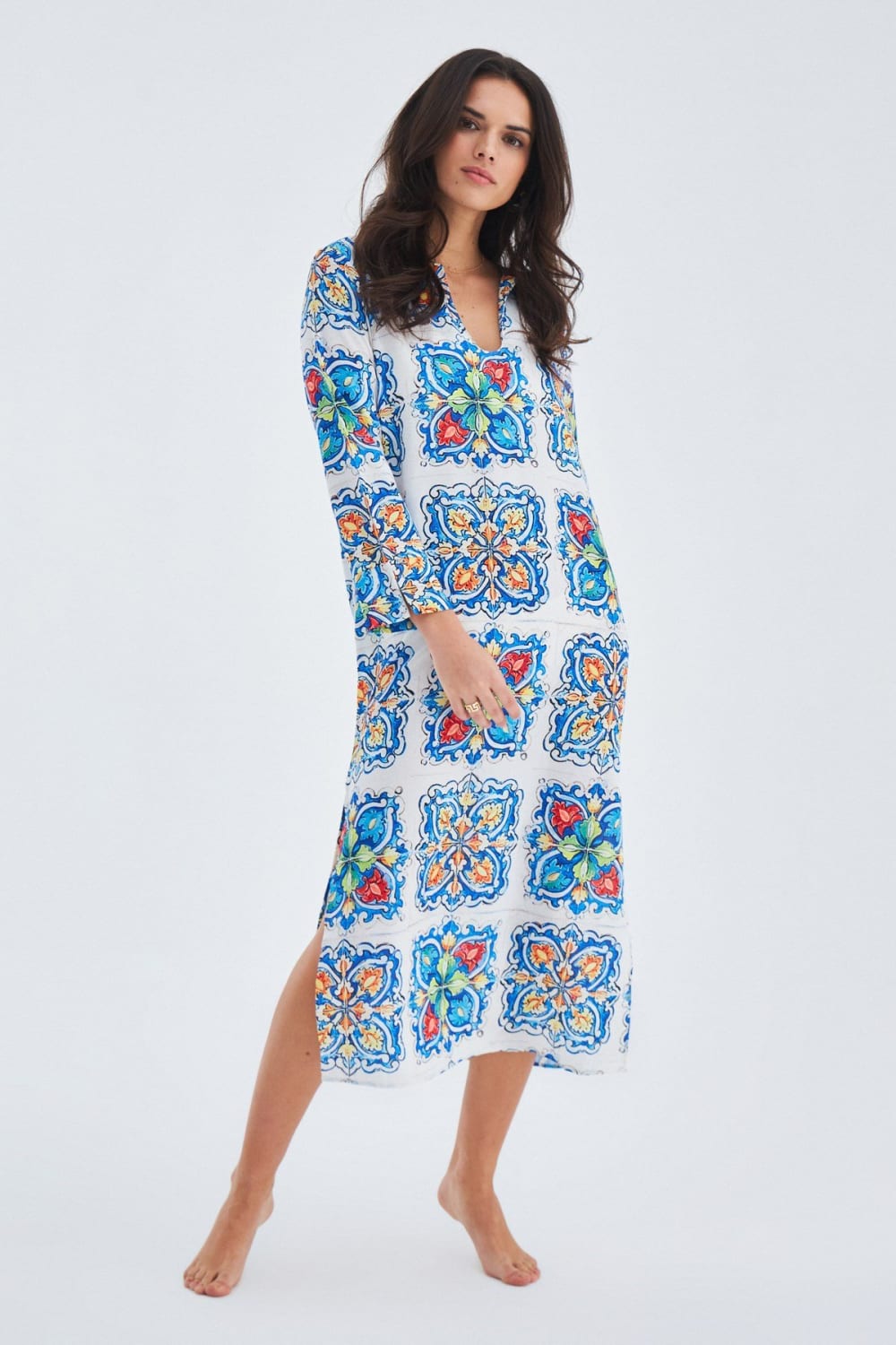 Peraluna-Ria Caftan Çini Desenli 123 Cm Derin Yırtmaçlı Saten Kadın Kaftan -Kimono-2-Milagron.com