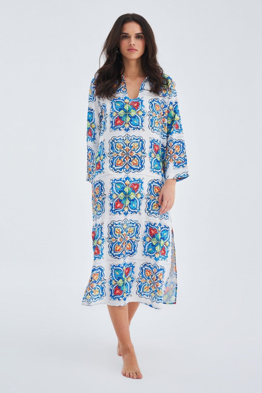 Peraluna-Ria Caftan Çini Desenli 123 Cm Derin Yırtmaçlı Saten Kadın Kaftan -Kimono-4-Milagron.com