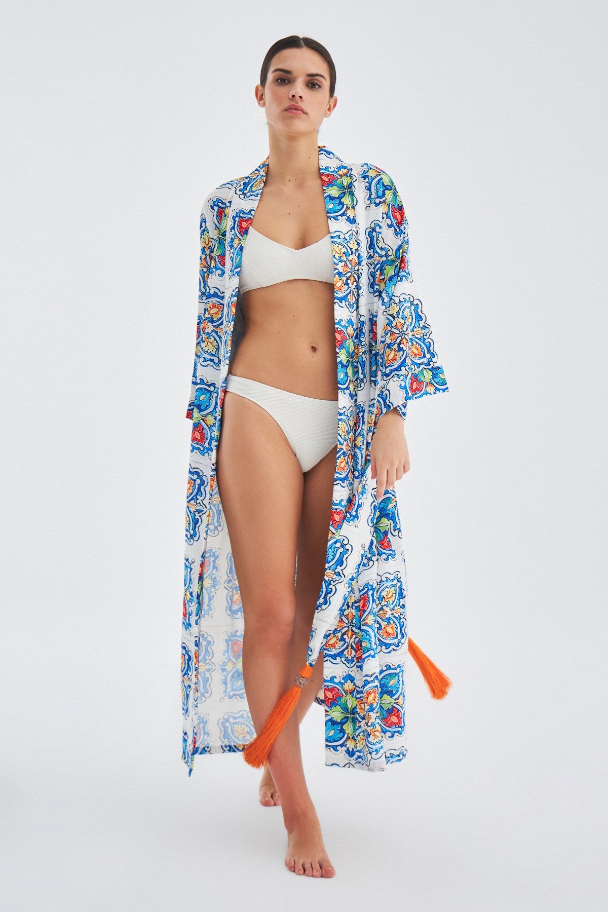 Peraluna Ria KiMono Çini Desenli 127 Cm Püskül Kemer Detaylı Saten Kadın Kimono - Çok Renkli