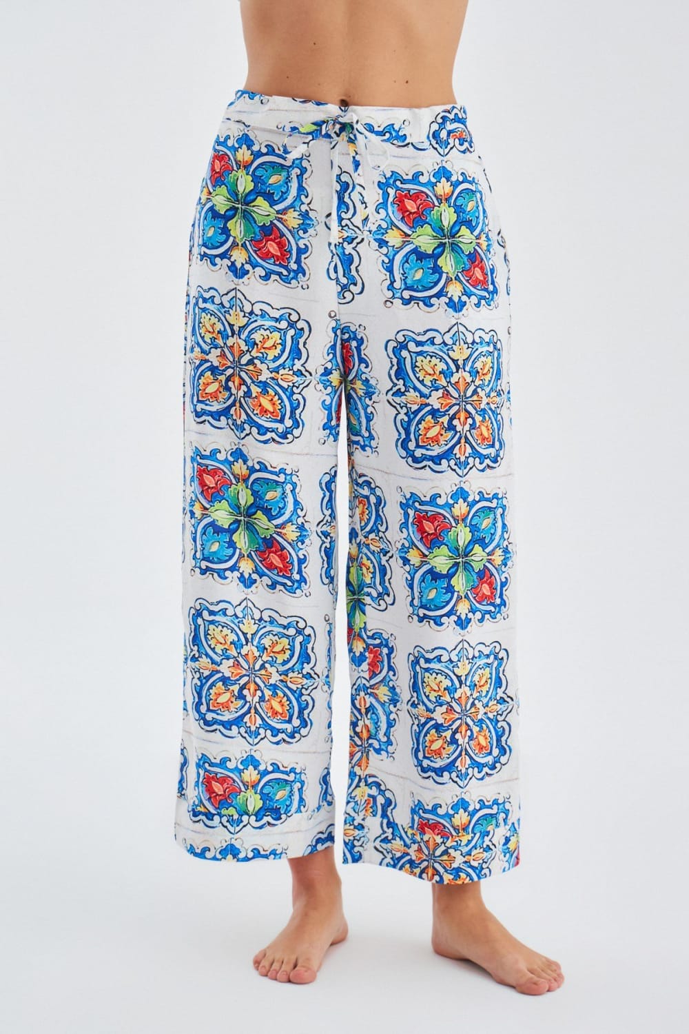 Peraluna-Ri̇a Trouser Çini Desenli Bol Kesim Yazlık Saten Kadın Pantolon-Pantolon-5-Milagron.com