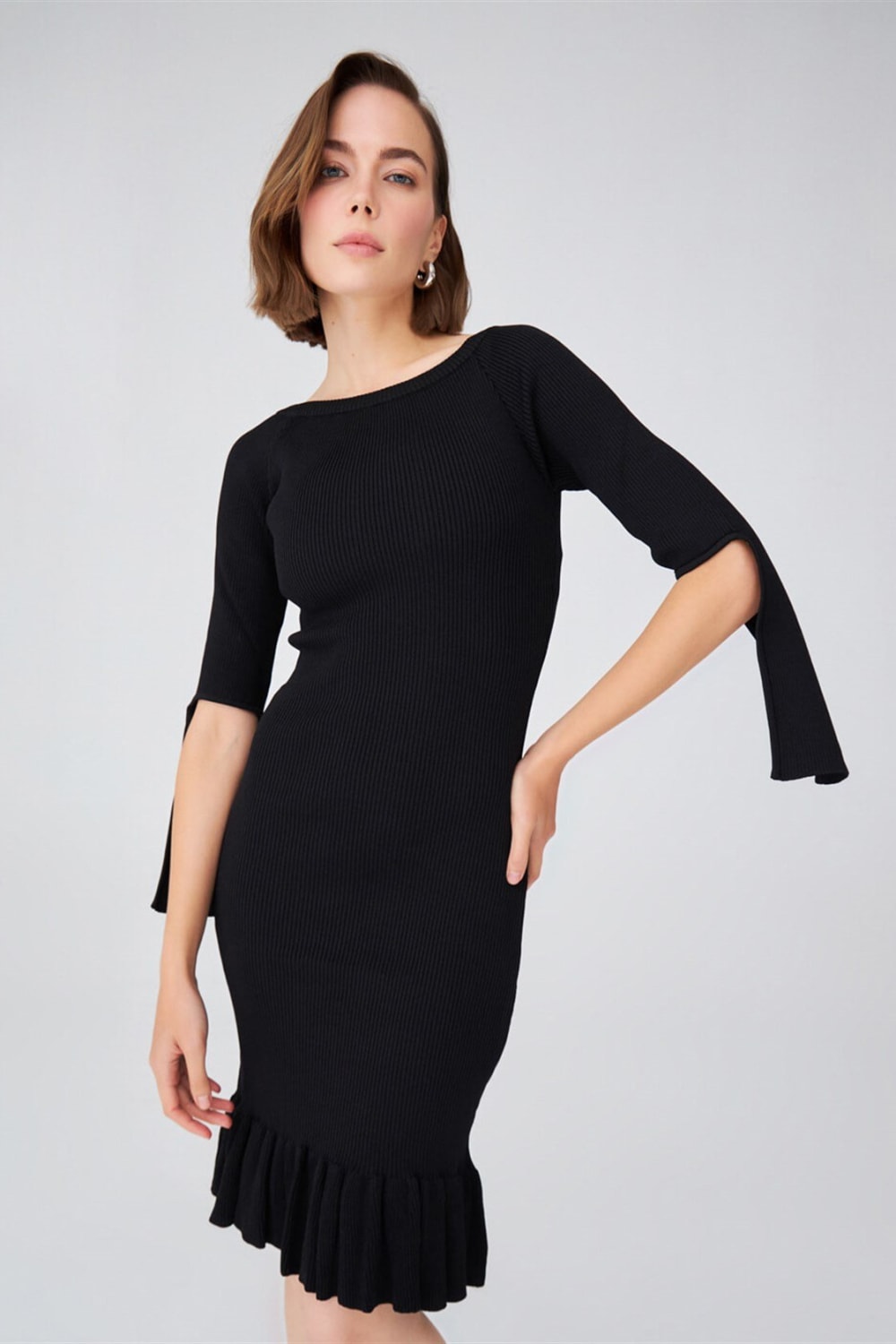 Peraluna-Ribanalı Diz Boyu Abiye Kadın Triko Elbise -Elbise-2-Milagron.com