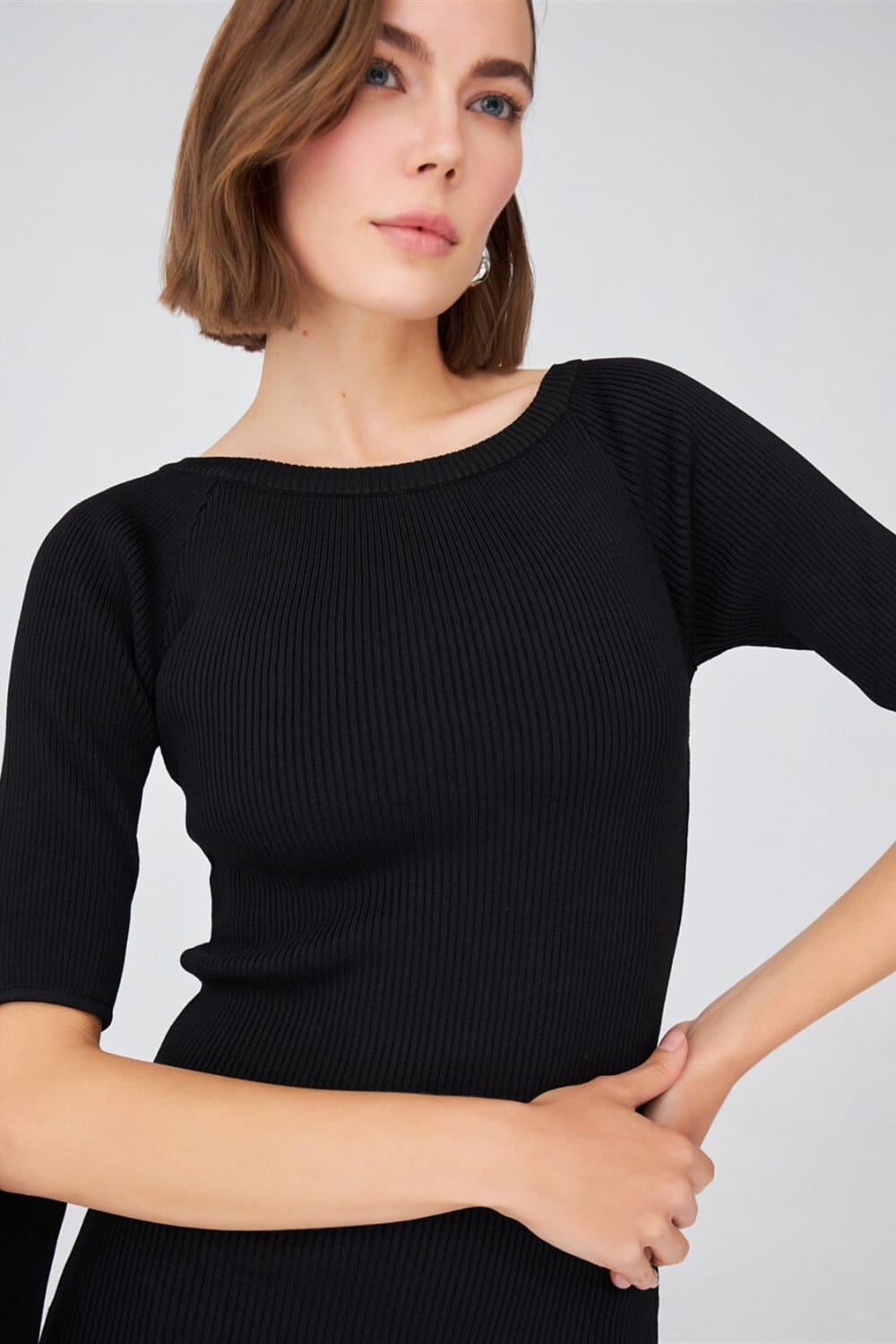 Peraluna-Ribanalı Diz Boyu Abiye Kadın Triko Elbise -Elbise-3-Milagron.com