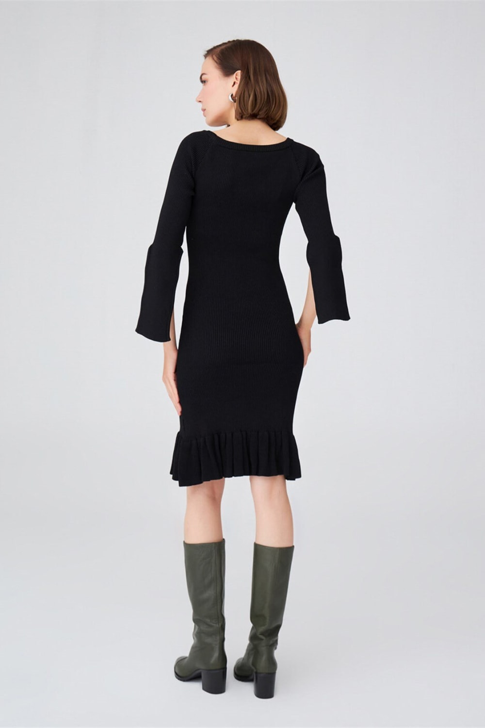 Peraluna-Ribanalı Diz Boyu Abiye Kadın Triko Elbise -Elbise-5-Milagron.com