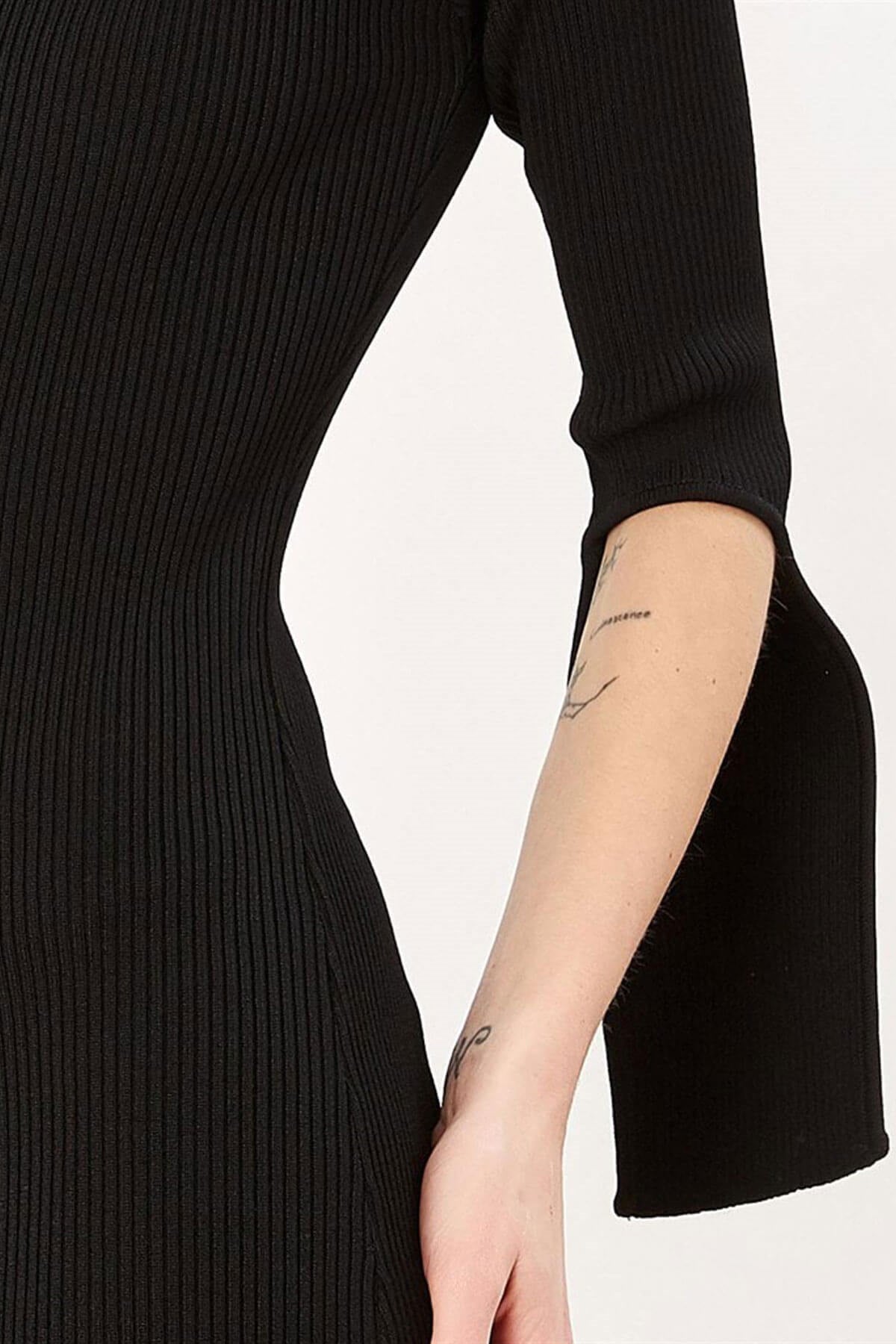 Peraluna-Ribanalı Fırfırlı Kadın Abiye Elbise Si̇yah-Elbise-4-Milagron.com