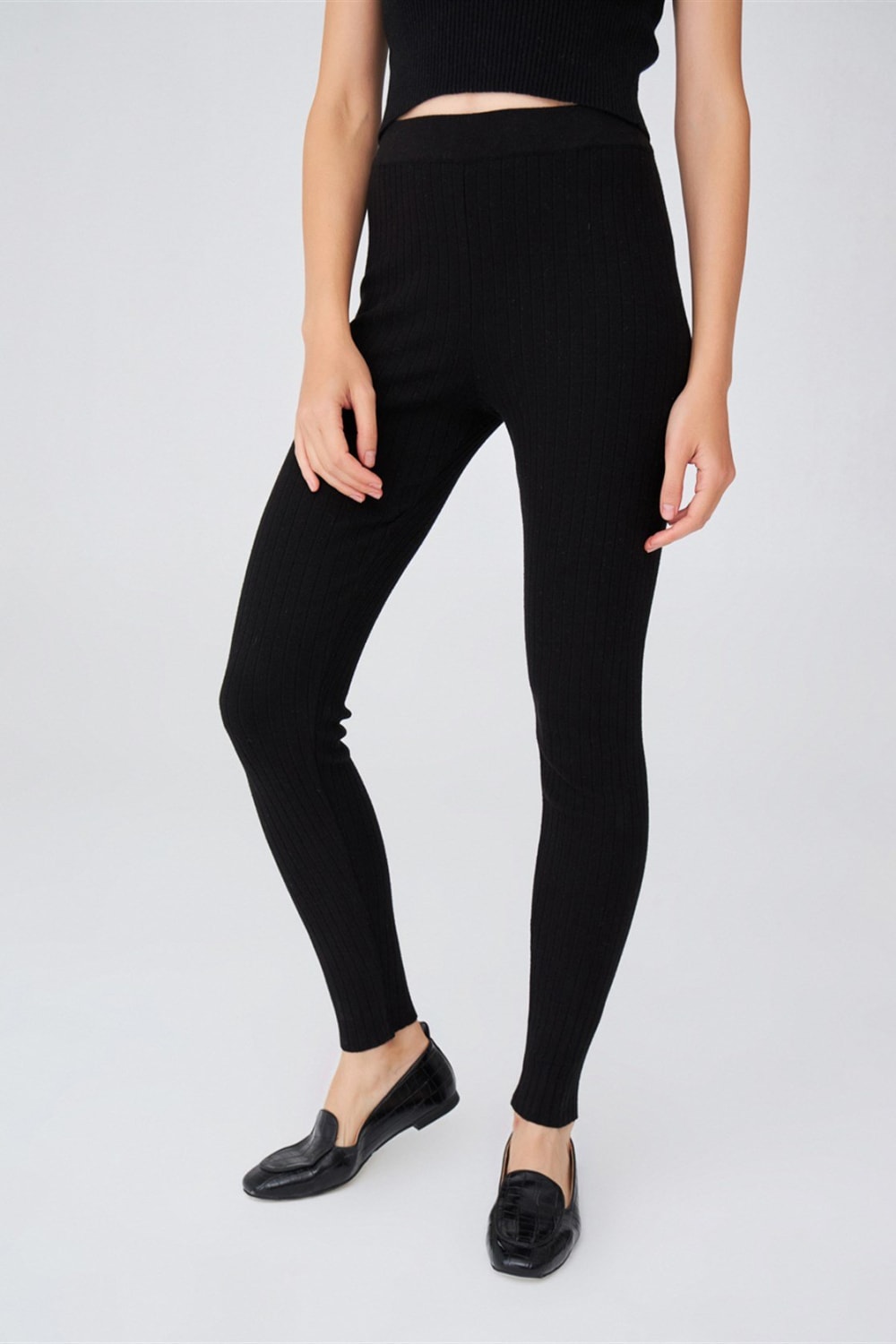 Peraluna-Ribanalı Yüksek Bel Kadın Triko Tayt-Tayt-5-Milagron.com