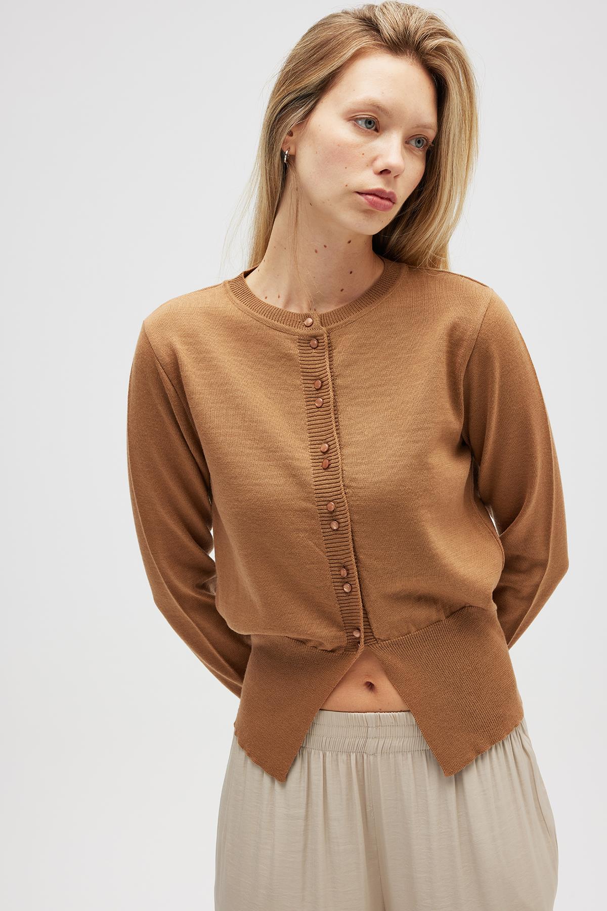 Peraluna-Ripley çelik örgü, Düğmeli Kadın Triko Hırka Camel-Hırka-2-Milagron.com
