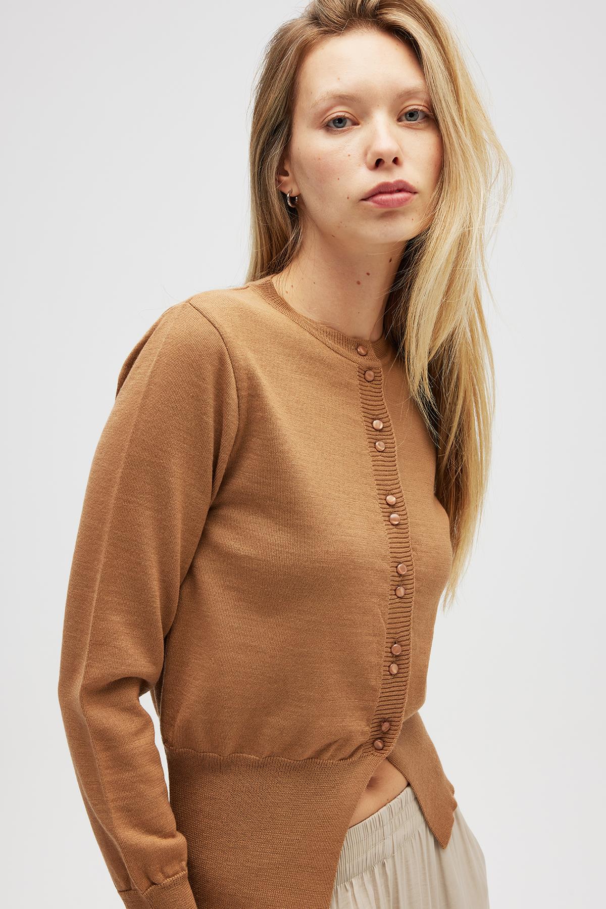 Peraluna-Ripley çelik örgü, Düğmeli Kadın Triko Hırka Camel-Hırka-6-Milagron.com