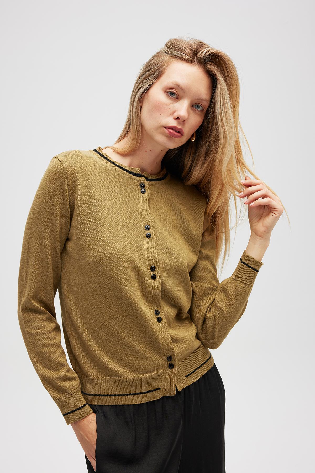 Peraluna-Risa Düz örgü, Kadın Triko Hırka Zeytin Yeşili-Hırka-3-Milagron.com