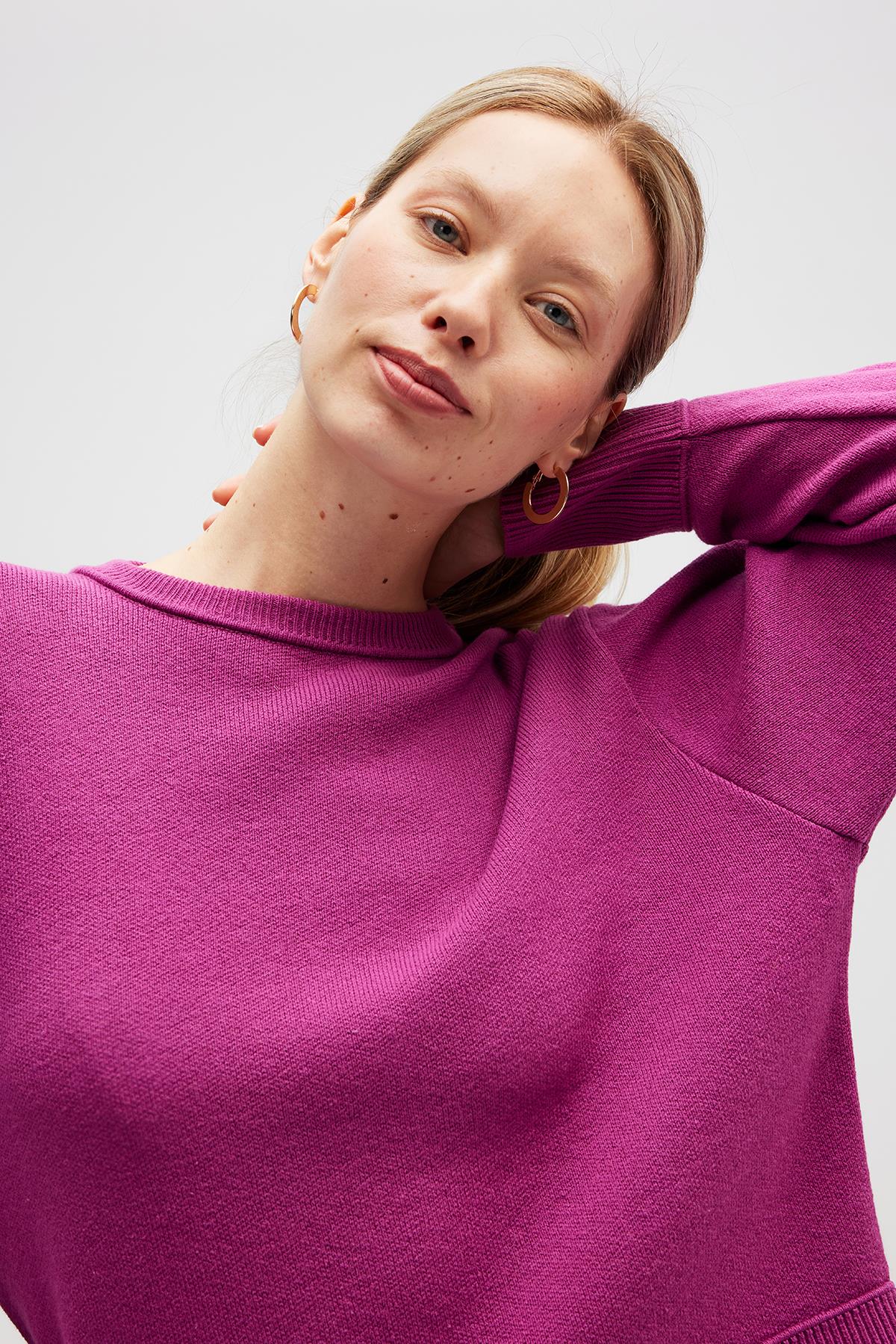 Peraluna-Risu, Düz örgü Kadın Mevsimlik Triko Bisiklet Yaka Kazak Fuşya-Kazak-3-Milagron.com