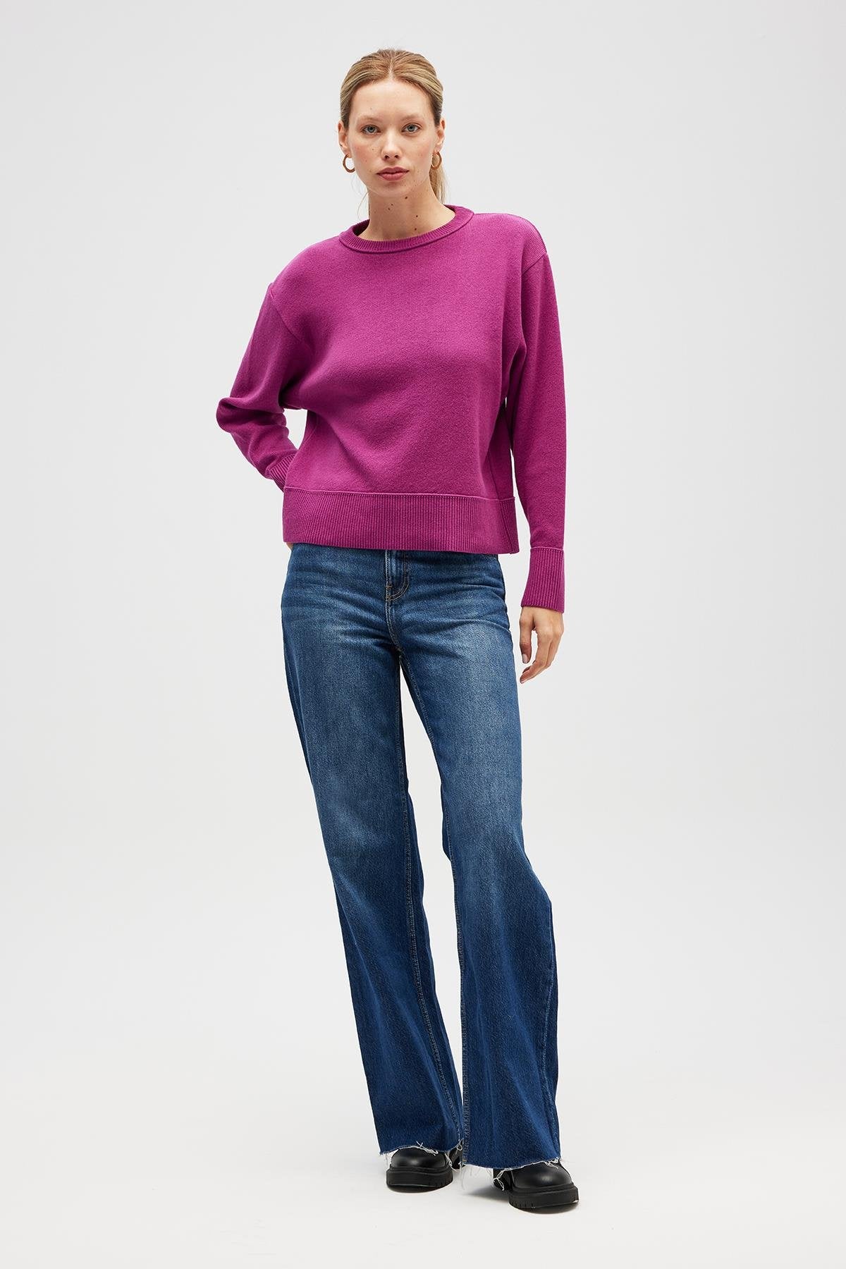 Peraluna-Risu, Düz örgü Kadın Mevsimlik Triko Bisiklet Yaka Kazak Fuşya-Kazak-4-Milagron.com