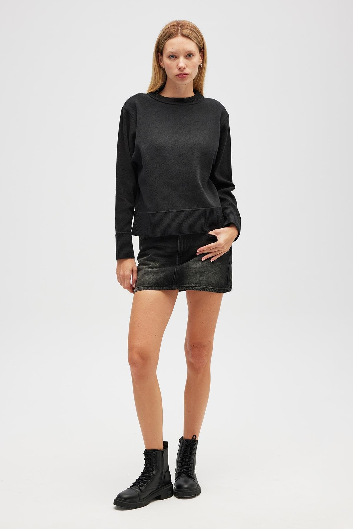 Peraluna-Risu, Düz örgü Kadın Mevsimlik Triko Bisiklet Yaka Kazak Siyah-Kazak-4-Milagron.com