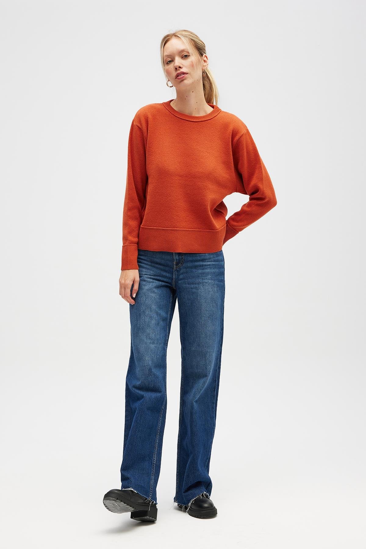 Peraluna-Risu, Düz örgü Kadın Mevsimlik Triko Bisiklet Yaka Kazak Turuncu-Kazak-4-Milagron.com