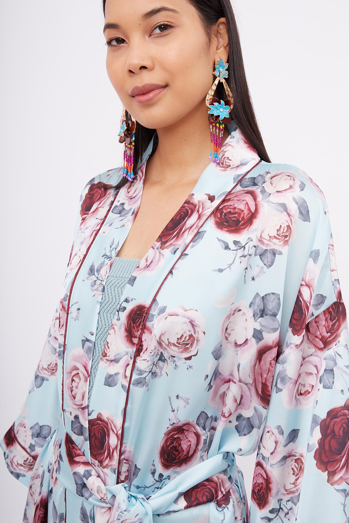 Peraluna-Rosemarry Long Kimono Gül Desen Baskılı 125 Cm Uzun Saten Kadın Kimono Turkuaz-Kimono-3-Milagron.com