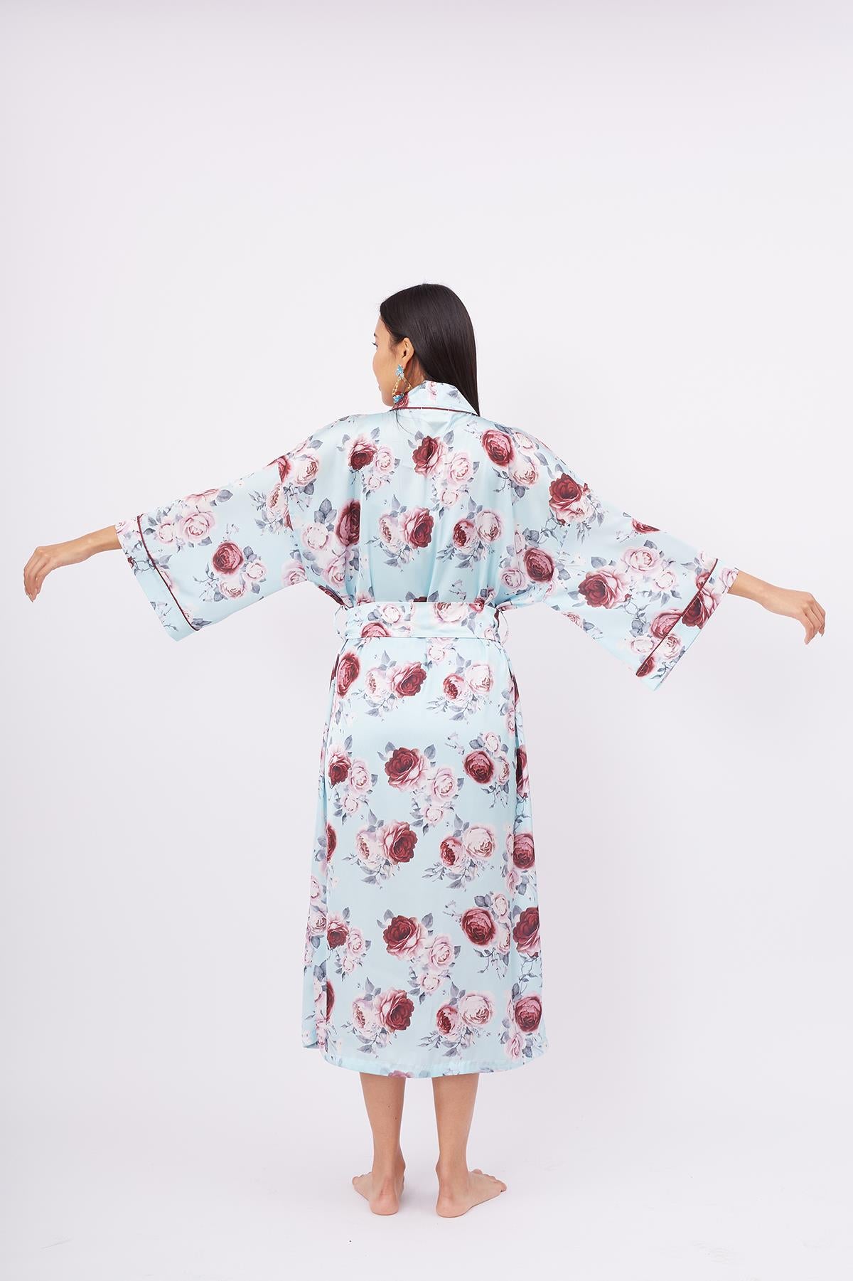 Peraluna-Rosemarry Long Kimono Gül Desen Baskılı 125 Cm Uzun Saten Kadın Kimono Turkuaz-Kimono-6-Milagron.com