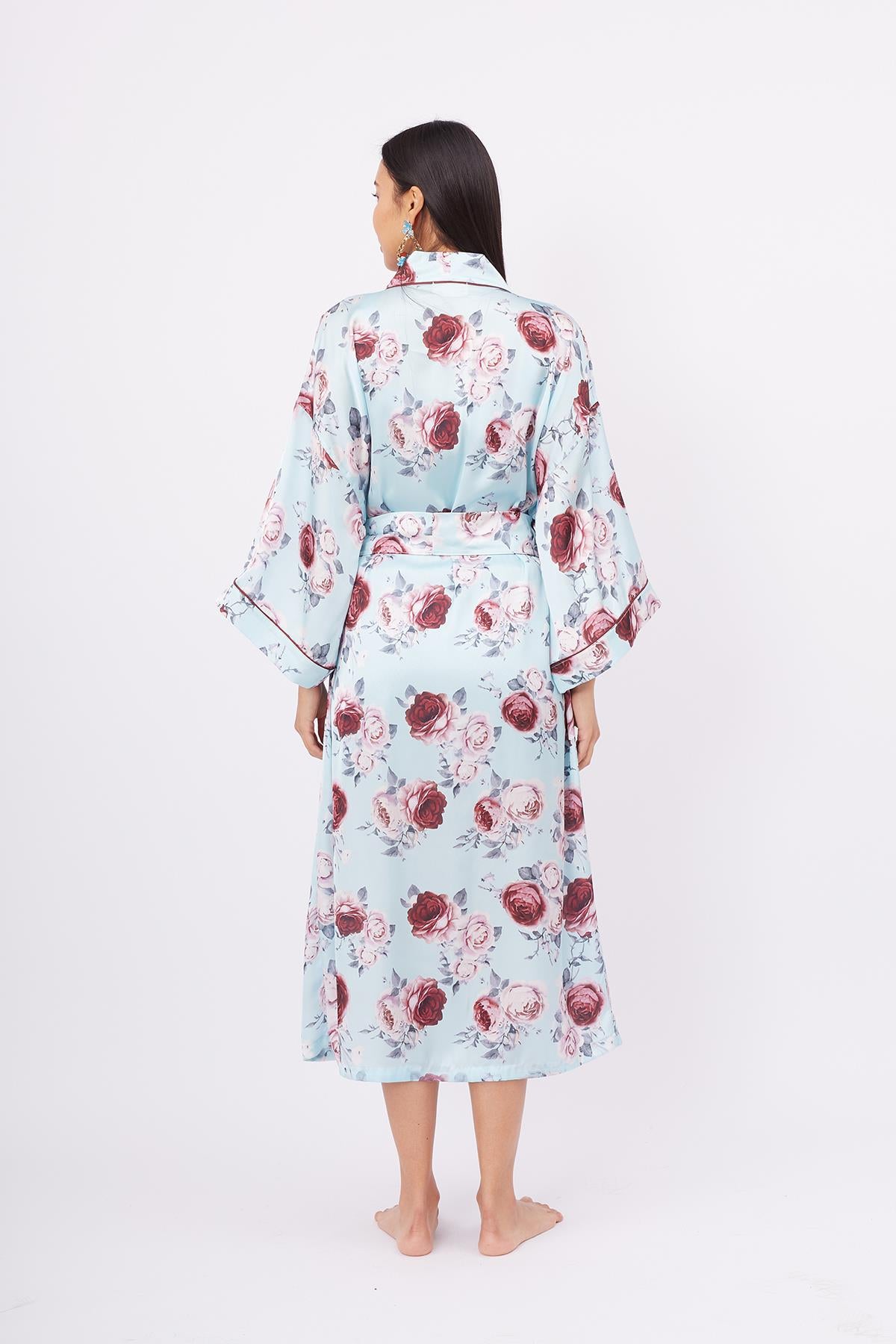 Peraluna-Rosemarry Long Kimono Gül Desen Baskılı 125 Cm Uzun Saten Kadın Kimono Turkuaz-Kimono-7-Milagron.com